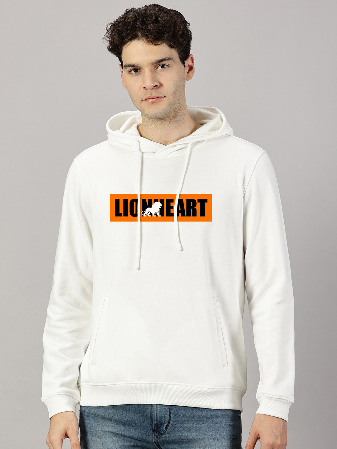 LEON Men Typography Printed Hooded Pullover Kangaroo Pocket Sweatshirt