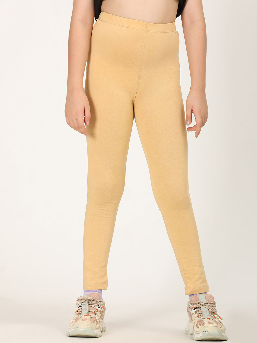 ZION Premium Cotton 4-Way Stretch Knitted Ankle-Length Solid Leggings - Nude