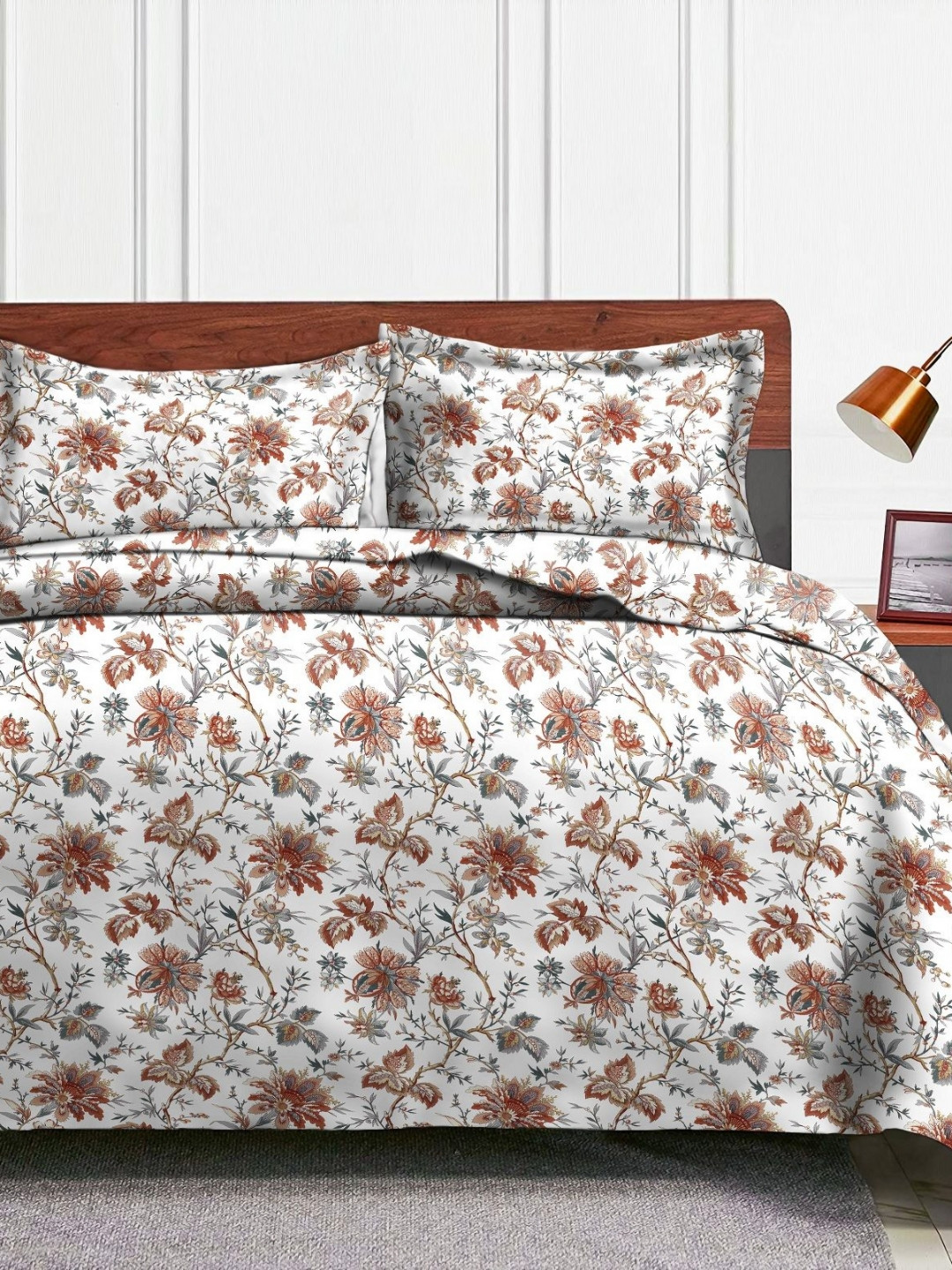 Aura White & Brown Floral Printed 230 TC Microfiber King Bedsheet Set 1.04 m x 90 cm
