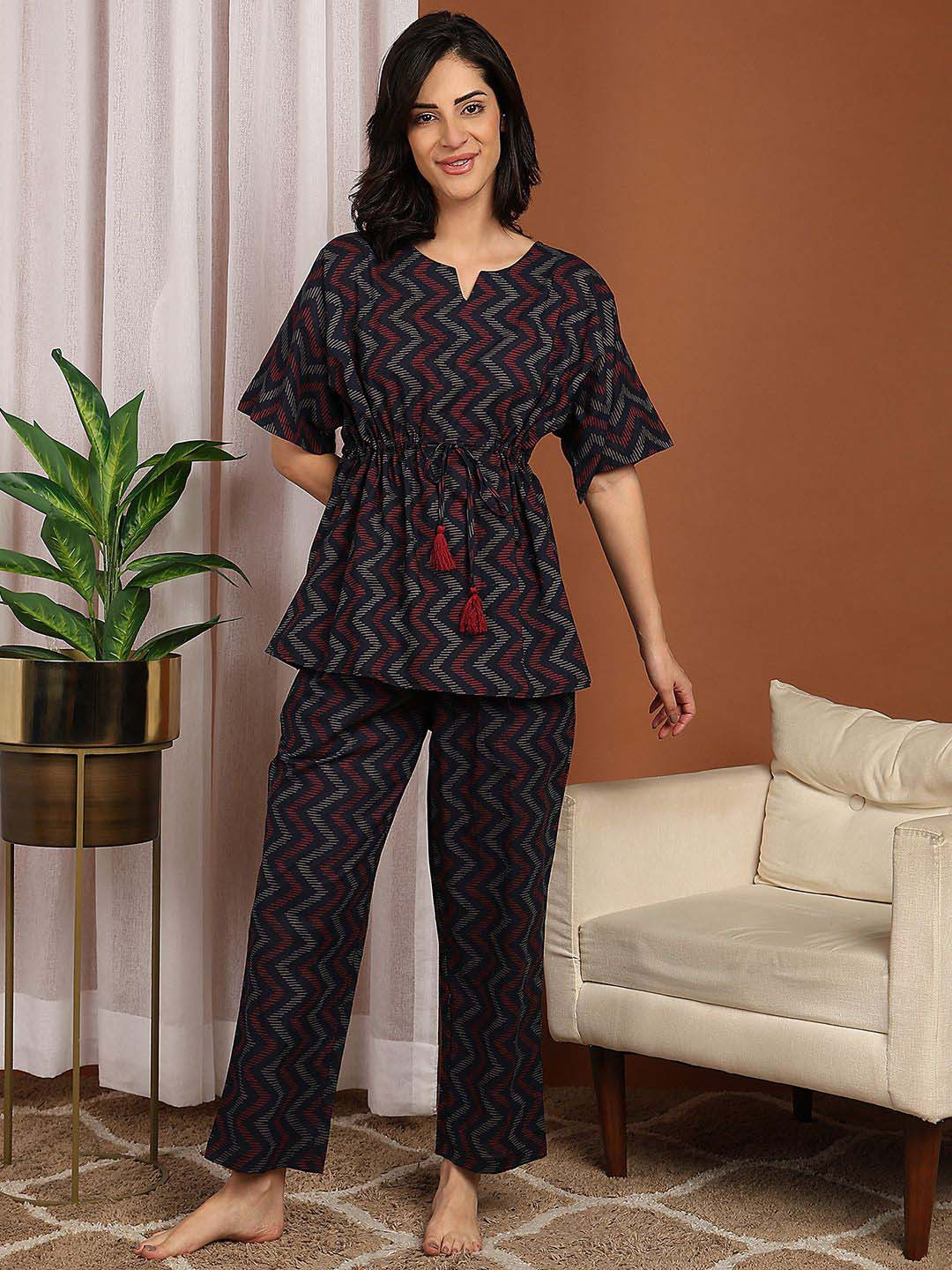 ETC Women Printed Mandarin Collar Pyjamas & Top Night suit