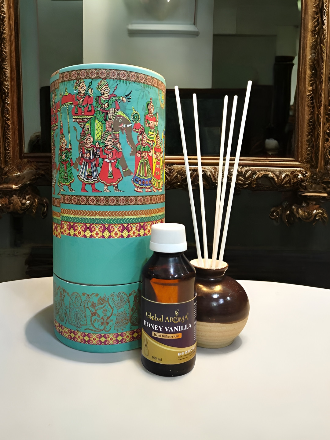 GLOBAL AROMA 7Pc Brown & Green Printed Aroma Oil Diffuser With Aroma Oil & Sticks - 100ml
