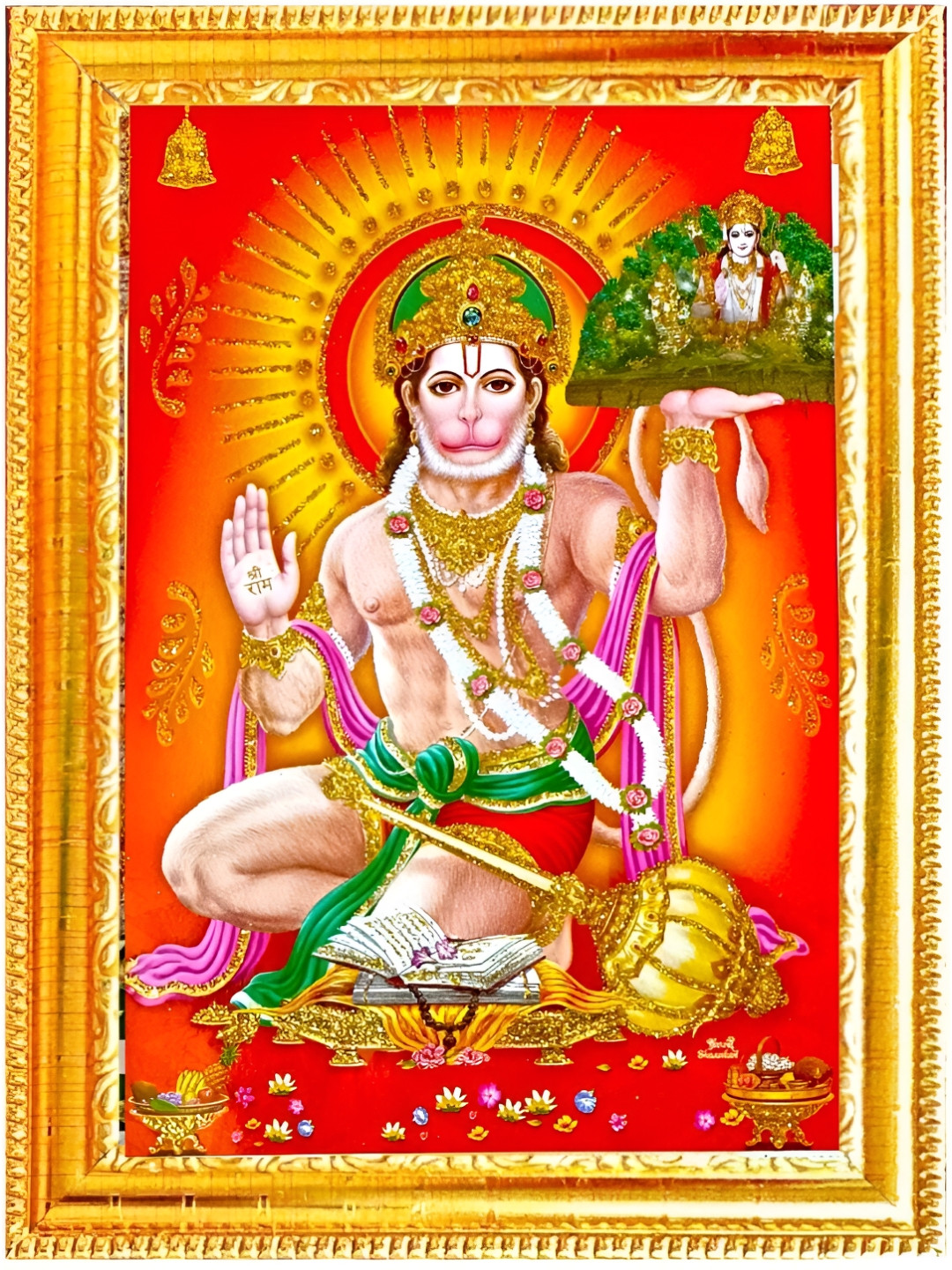 SUNINOW Gold Toned & Red Lord Hanuman Printed Photo Frame