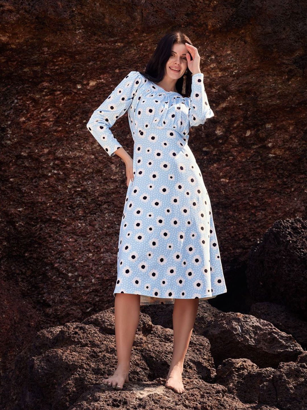 MILOST Floral Printed A-Line Midi Ruched Dress