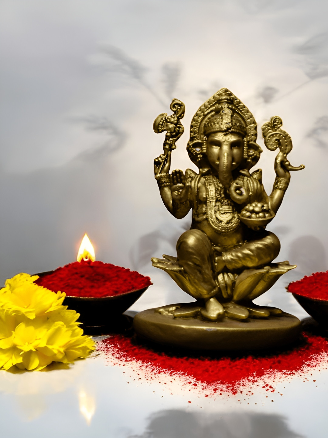 Fabzie Decor Ganpati Bappa on Lotus Gold Marble Glossy Prayer Room Tiny Showpiece - 5 Inches