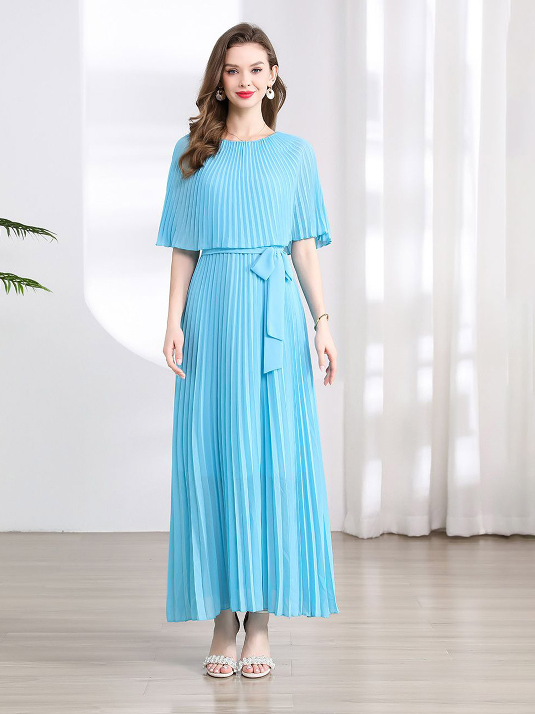 JC Collection Striped Tie-Ups Accordion Pleats Cape Sleeves Wrap Maxi Dress