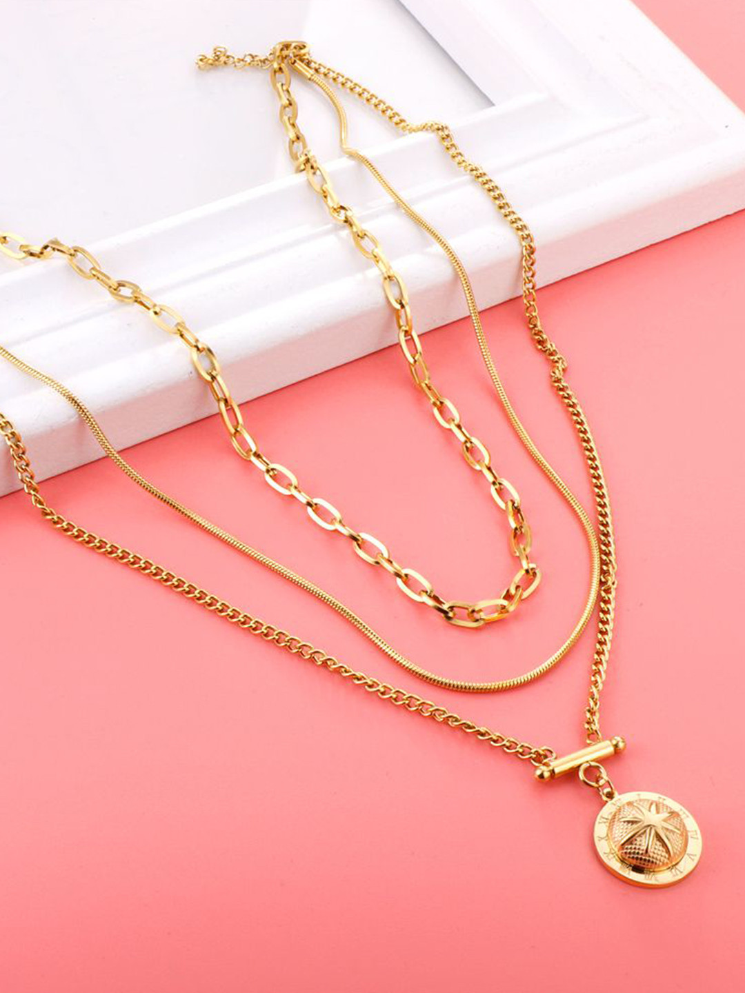 Aiza 18KT Gold Plated Gleaming Sundial Three Layered Necklace