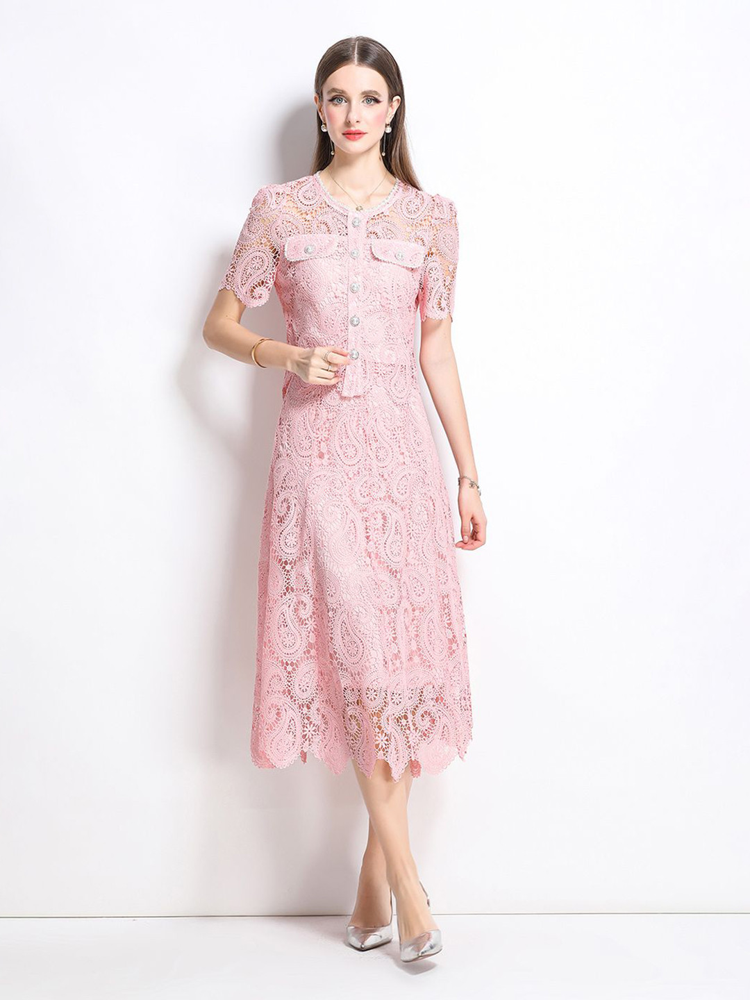 JC Collection Paisley Lace Self Design Round Neck Top With Skirt Co-Ords