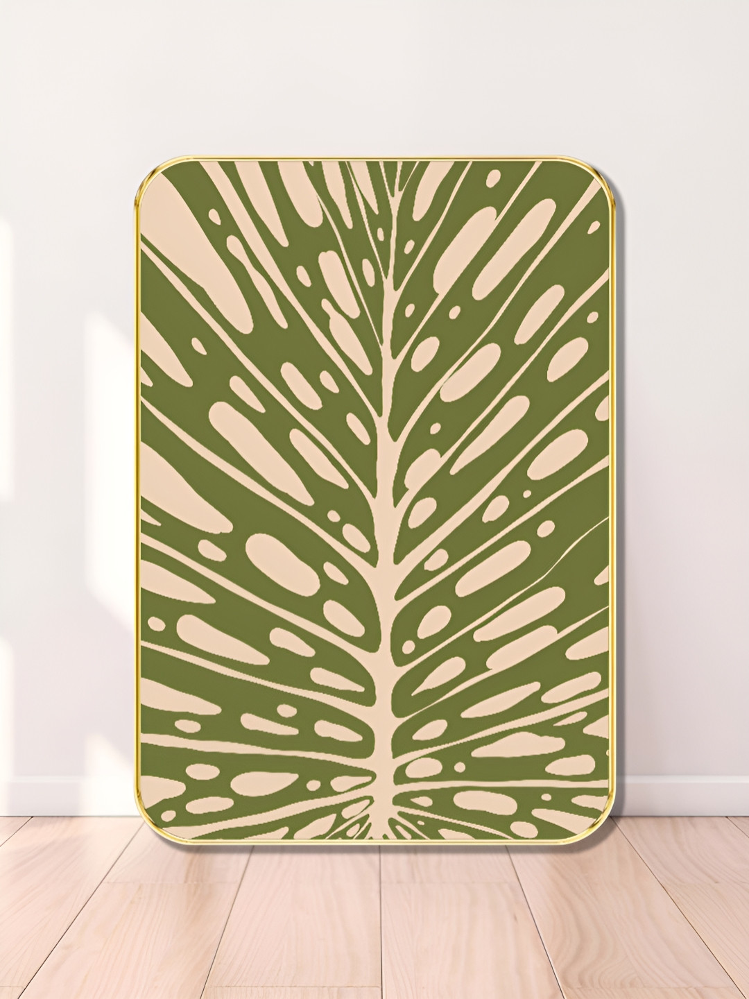 Livin'luxe Off White & Green Abstract Green Leaf Printed Wooden Wall Art