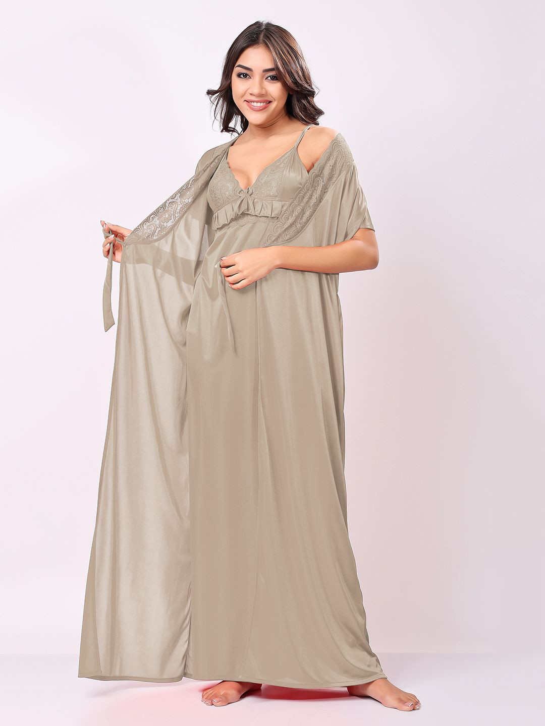 Night Keys Women Beige Soild Satin Night Dress with Robe
