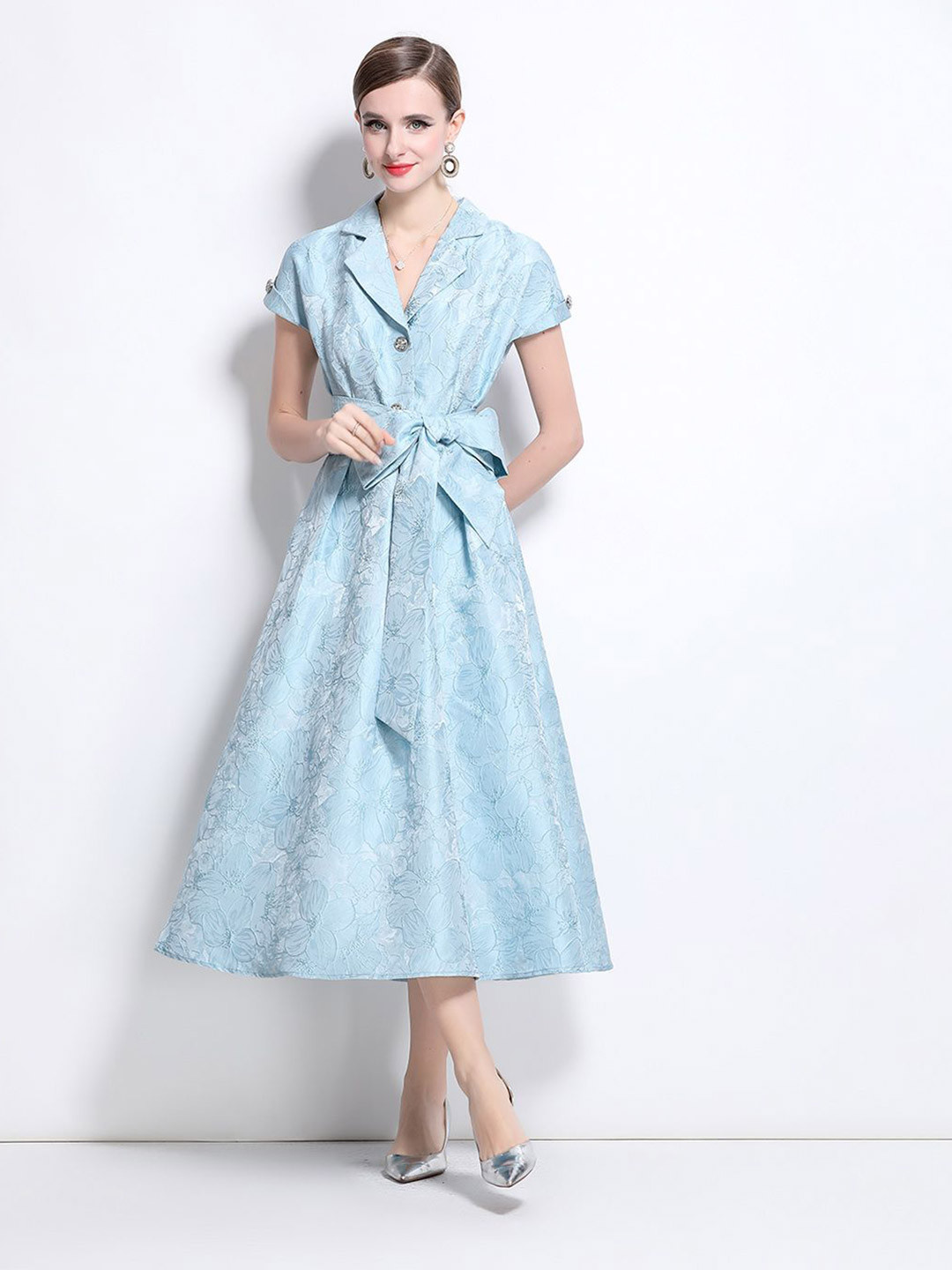 JC Collection Women Floral Print Lapel Collar Wrap  Midi Dress Comes with a belt