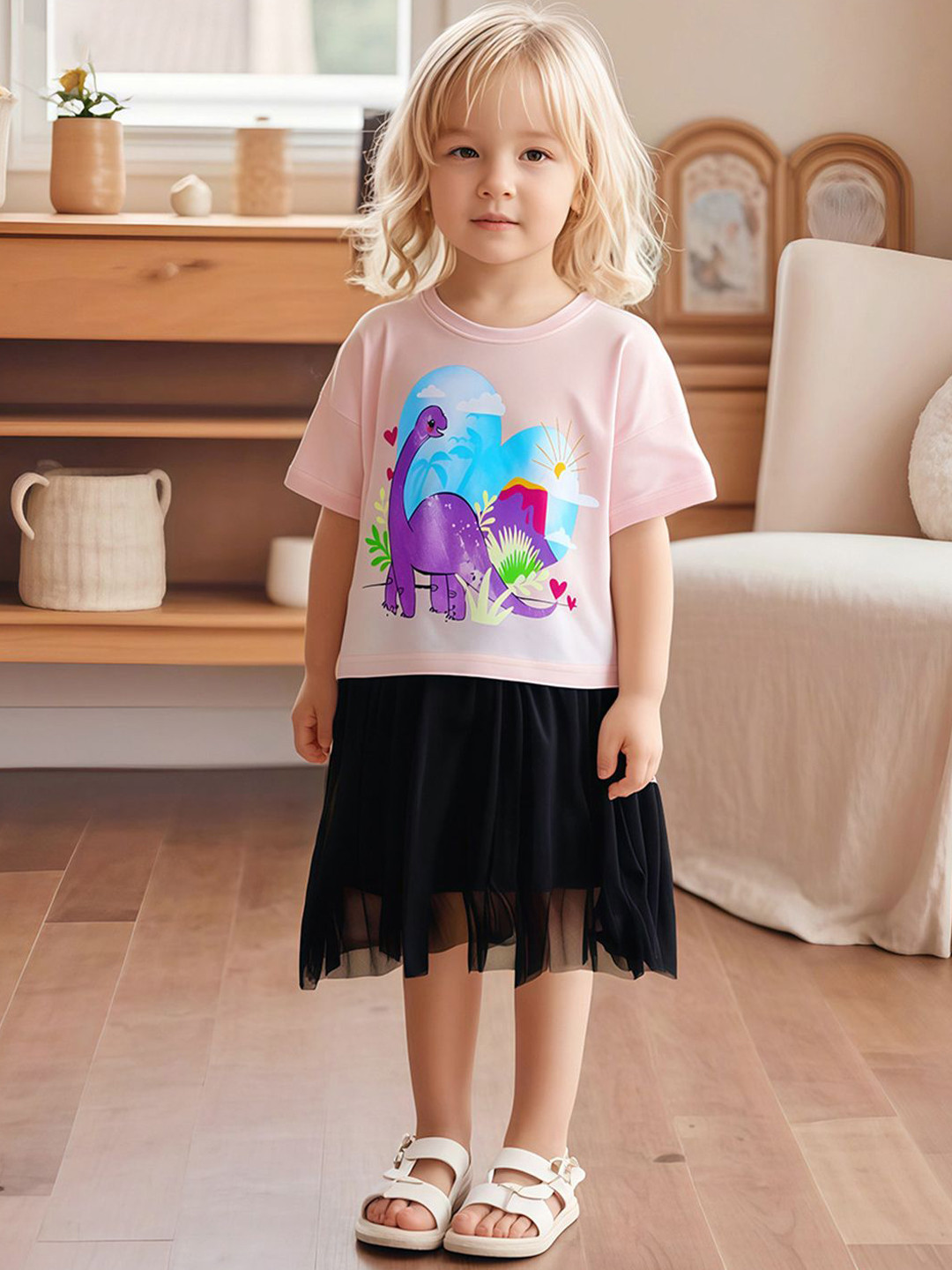 YK Printed Kid-Girls T-Shirt & Skirt Clothing Set