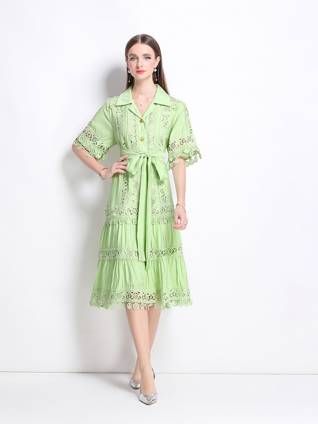 JC Collection Solid Embroidered Lace Inserts Bell Sleeves Shirt Collar Wrap Midi Dress