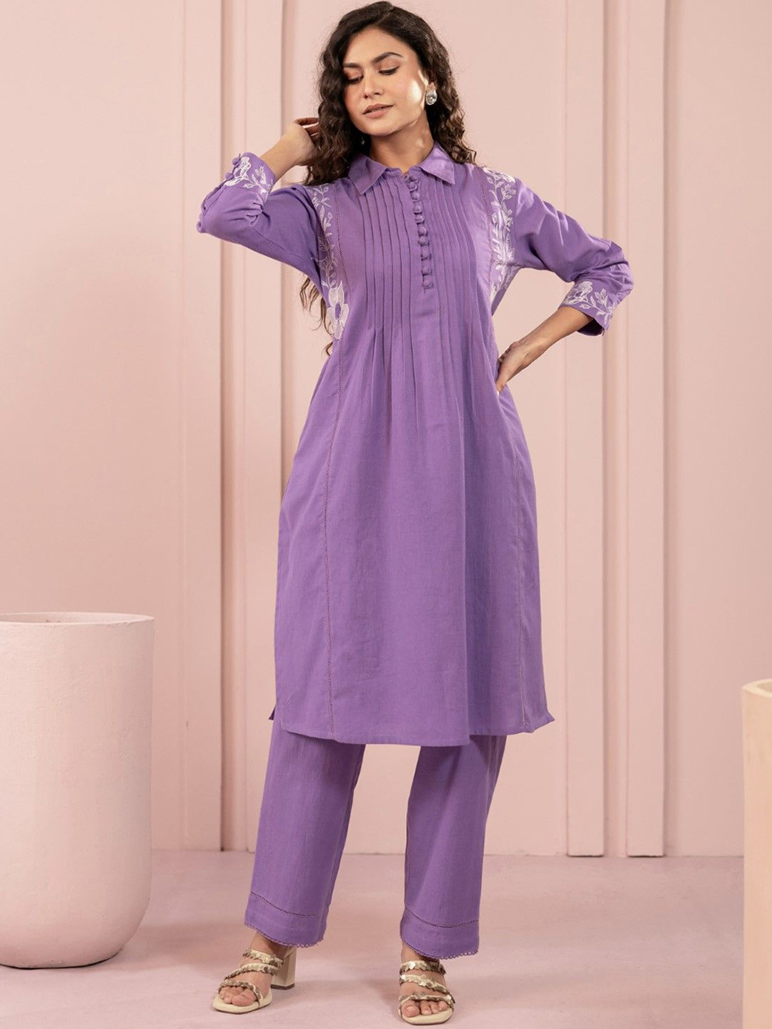 AUTUMN LANE Women Purna Periwinkle Embroidery Pure Cotton Kurta Co-ord Set