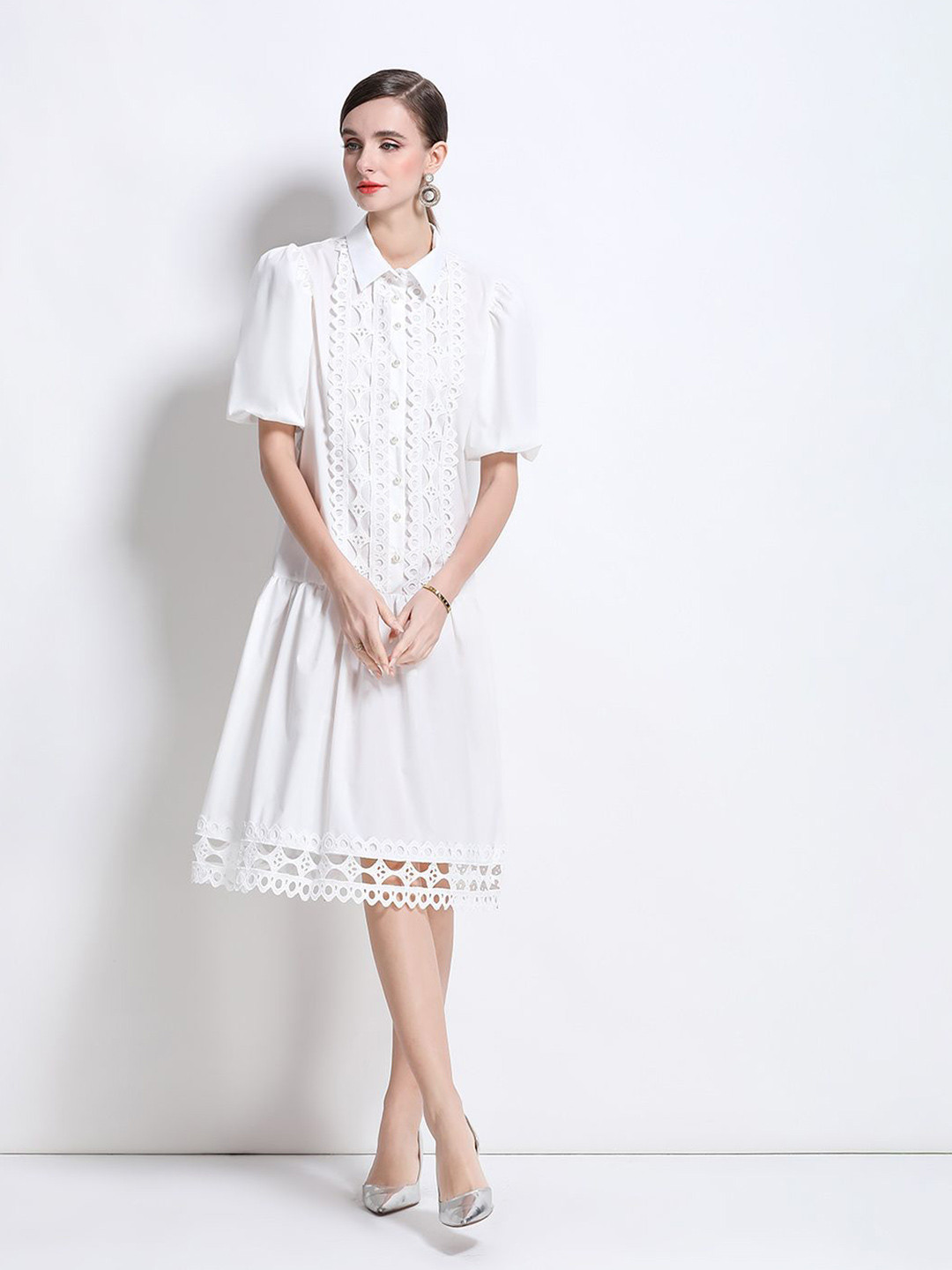 JC Collection Lace Inserts Puff Sleeves Shirt Dress