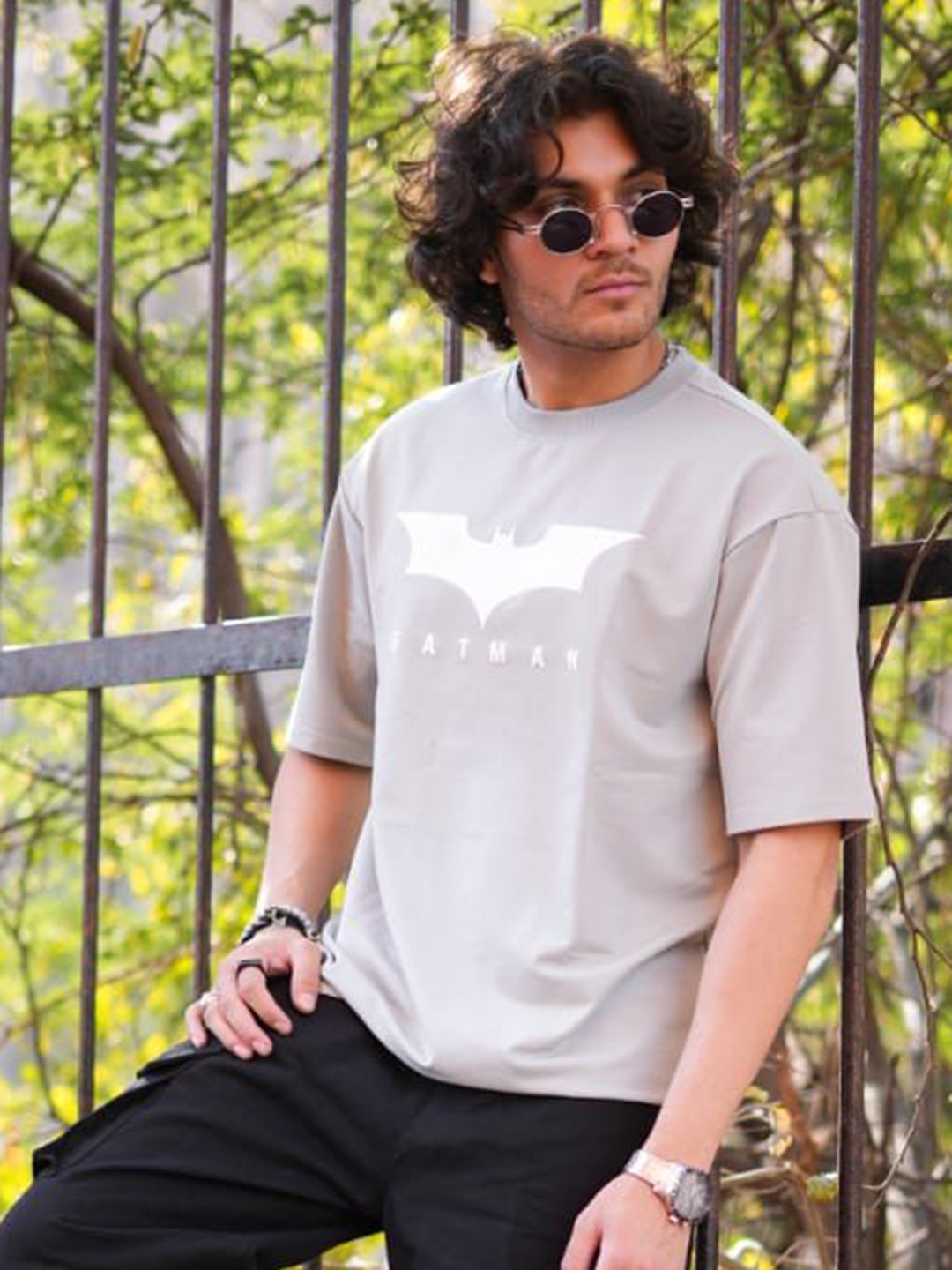 Men's Grey Superhero Graphic Printed Oversized Cotton T-shirt