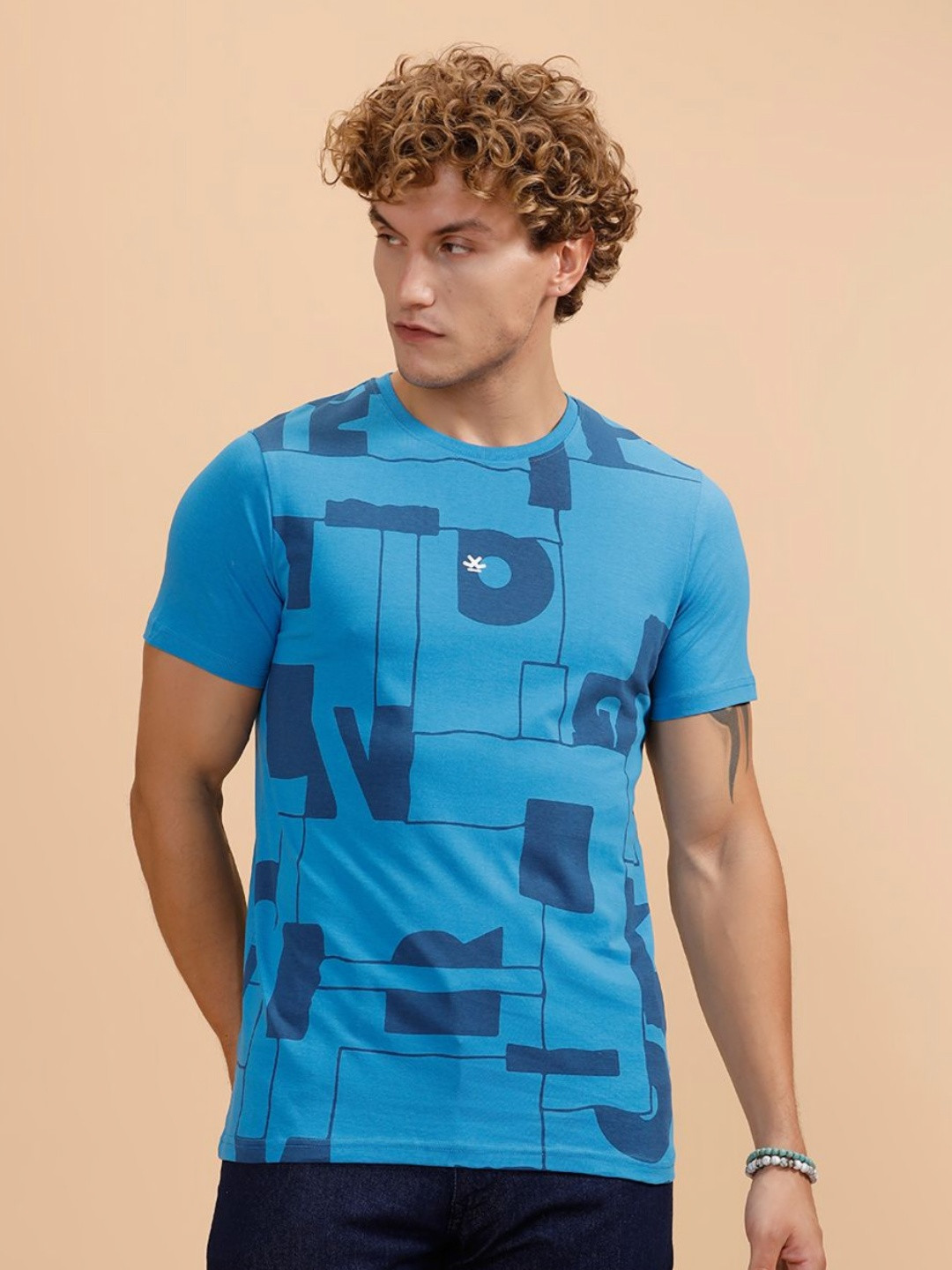 WROGN Men Abstract Printed Round Neck Cotton Slim Fit T-shirt