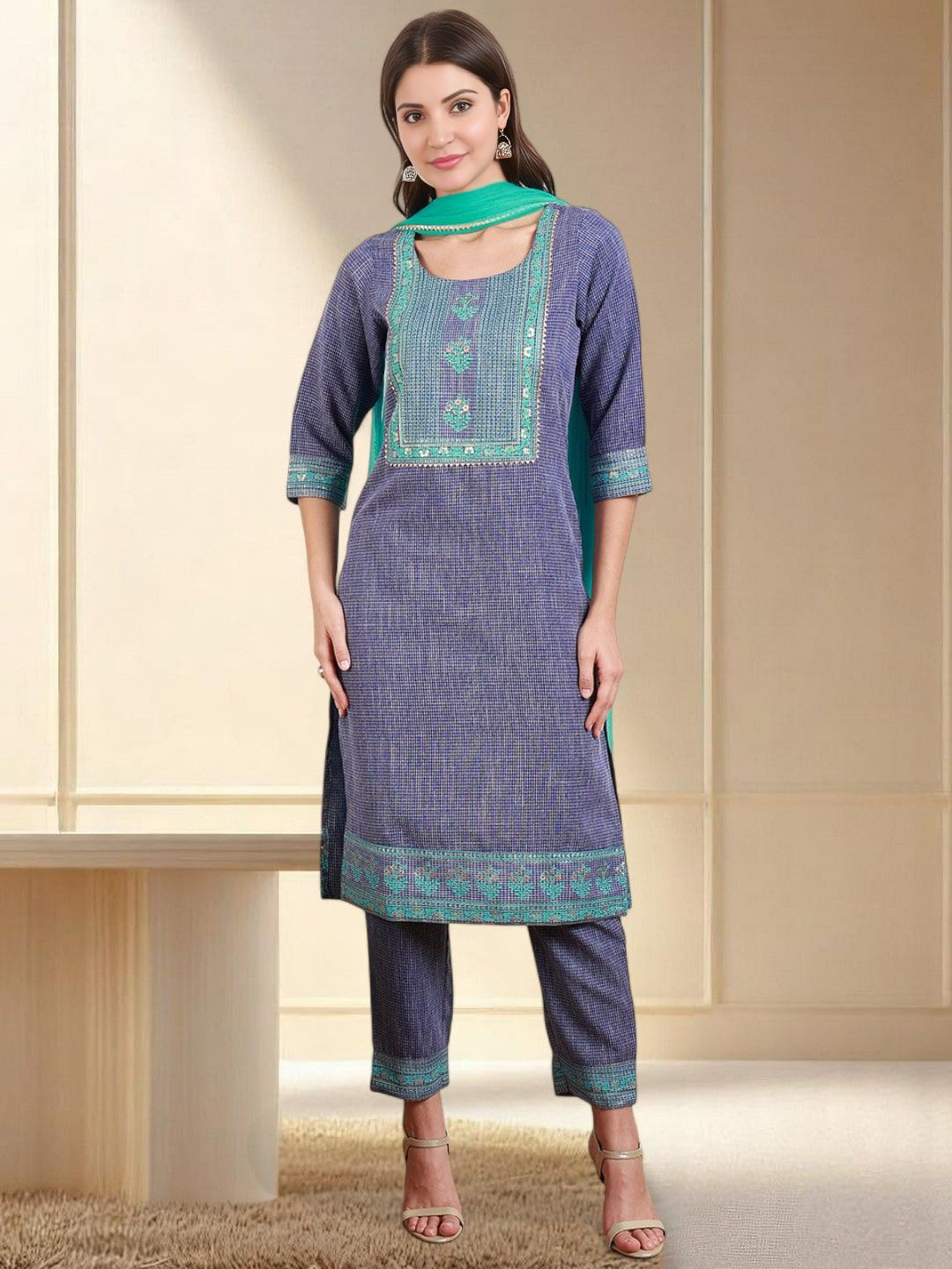 Jeff co-op Yoke Design Round Neck Straight Kurta With Trousers & Dupatta