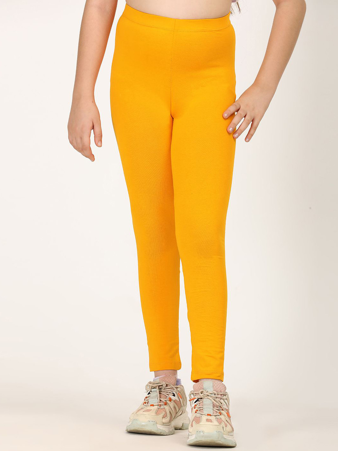 ZION Premium Cotton 4-Way Stretch Knitted Ankle-Length Solid Leggings - Mustard Yellow