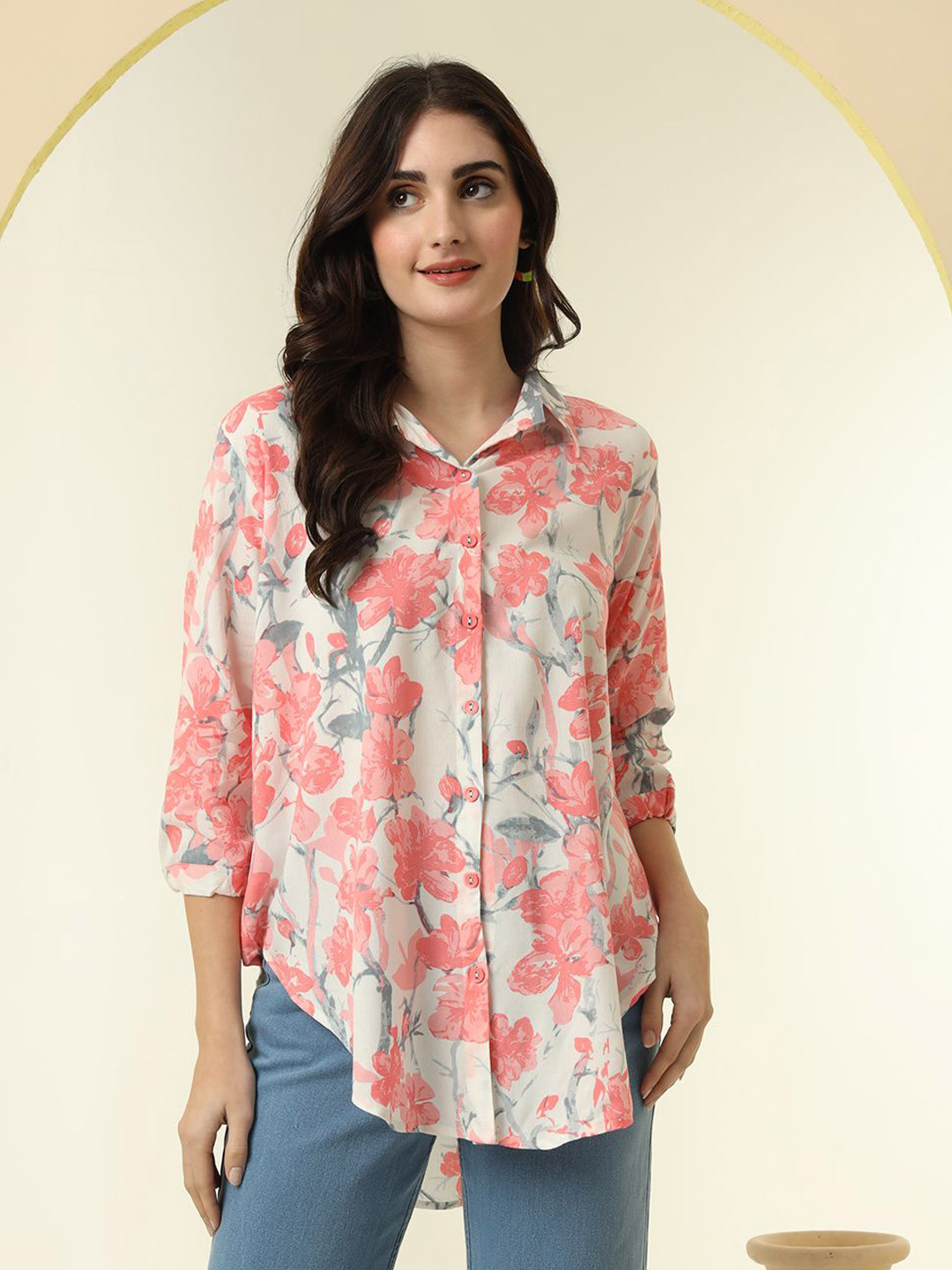 KALINI Oversized Floral Printed Spread Collar Puff Sleeves Shirt