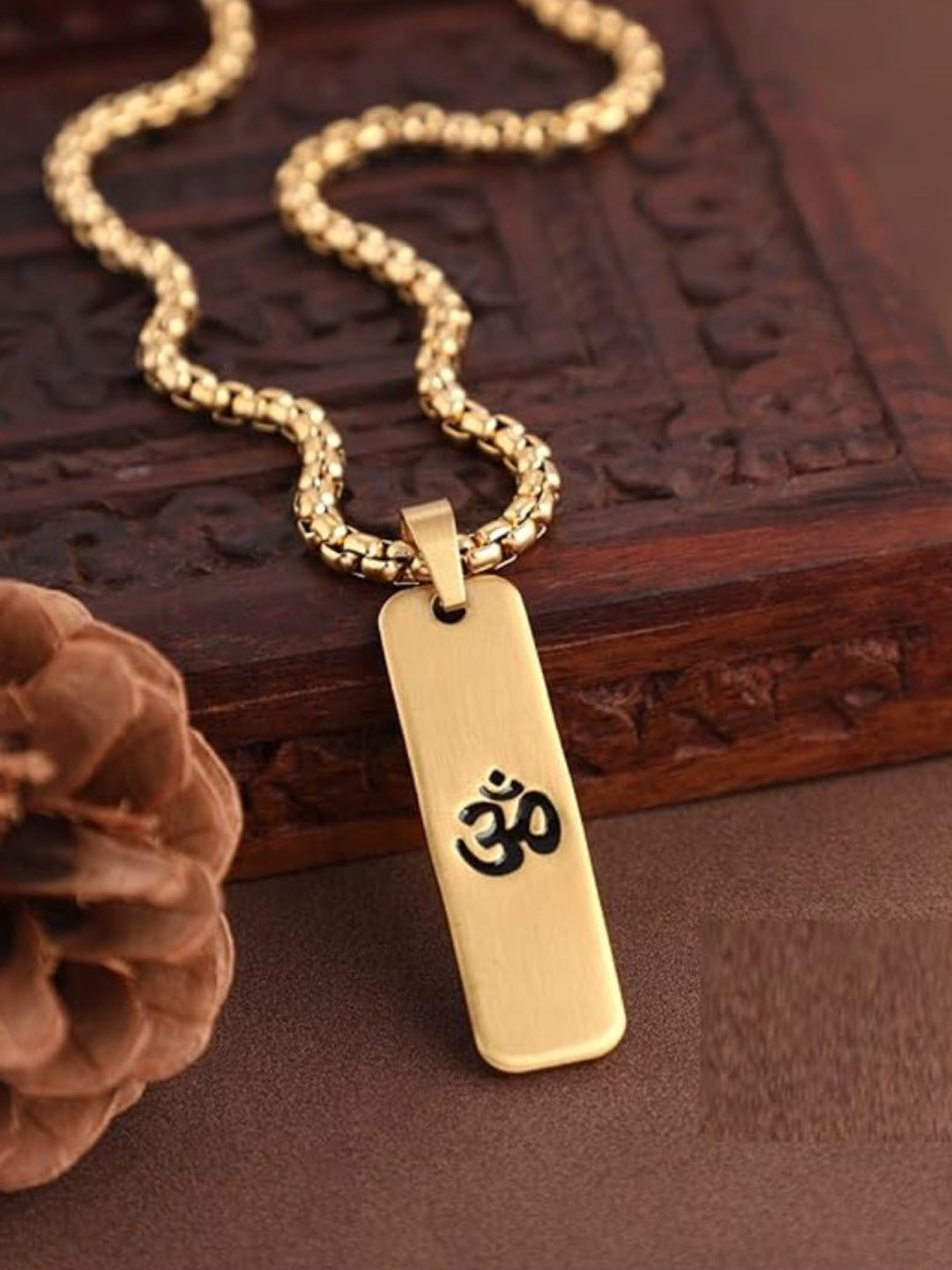 NVR Gold-Plated Om Design Rectangular Shape Pendants with Chains