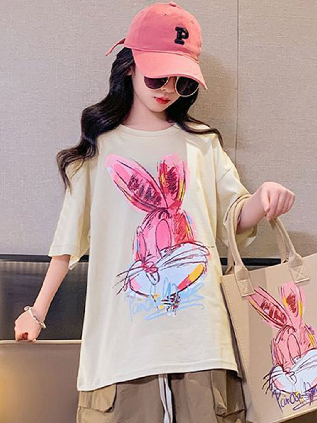 LULU & SKY Girls Cotton Graphic Henley Neck Short Sleeves Oversized T-Shirt