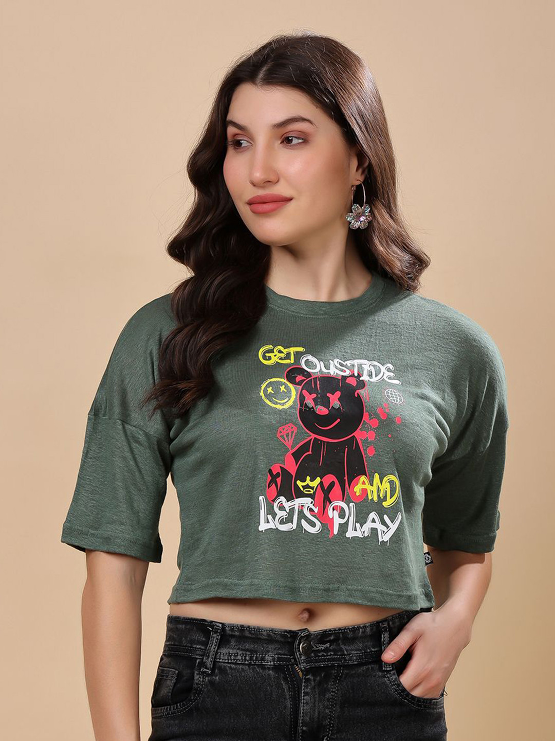 RANGRIWAZ Women Printed Linen Drop-Shoulder Sleeves Relaxed Fit Crop T-shirt