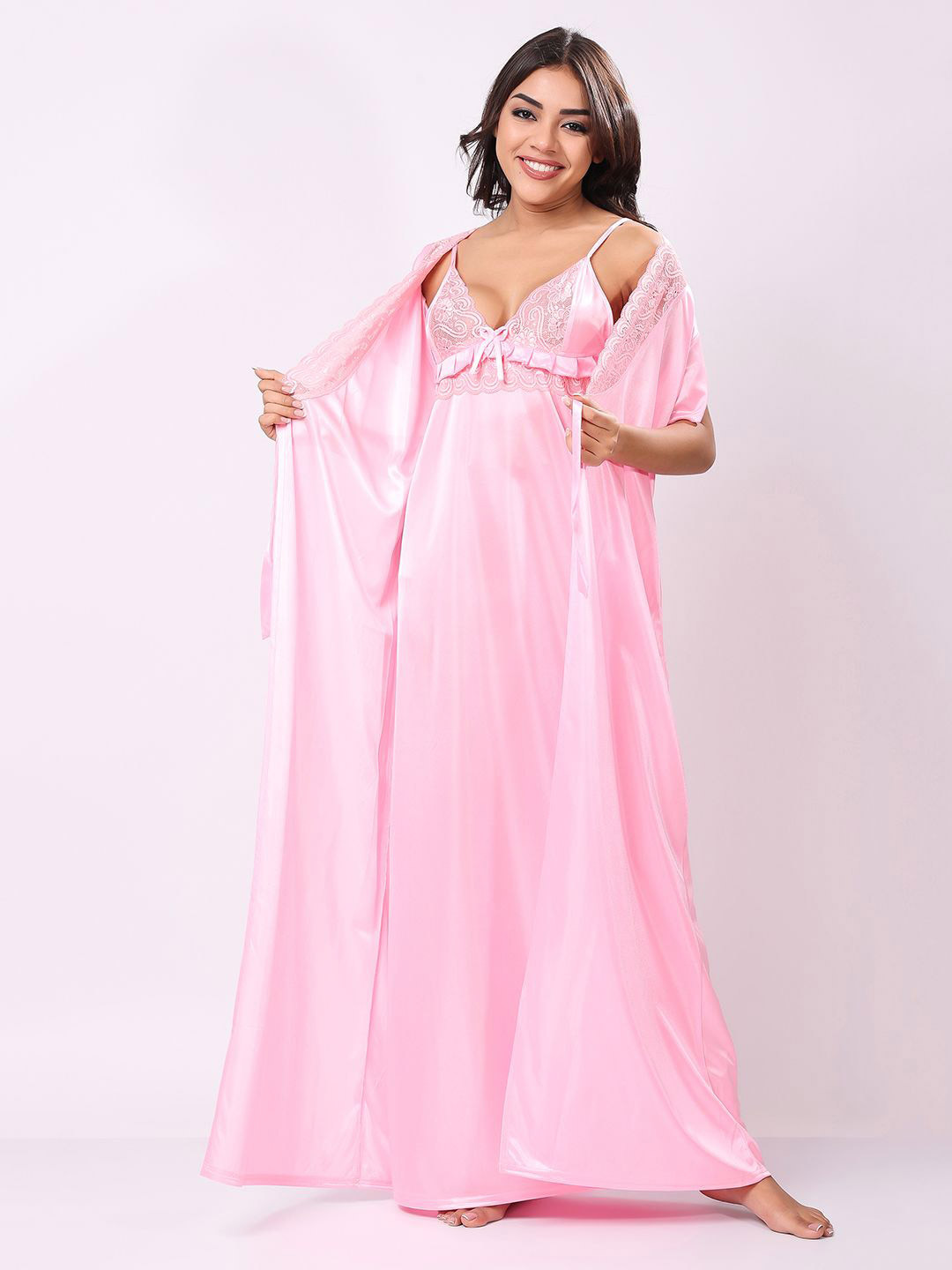 Night Keys Women Pink Soild Satin Night Dress with Robe