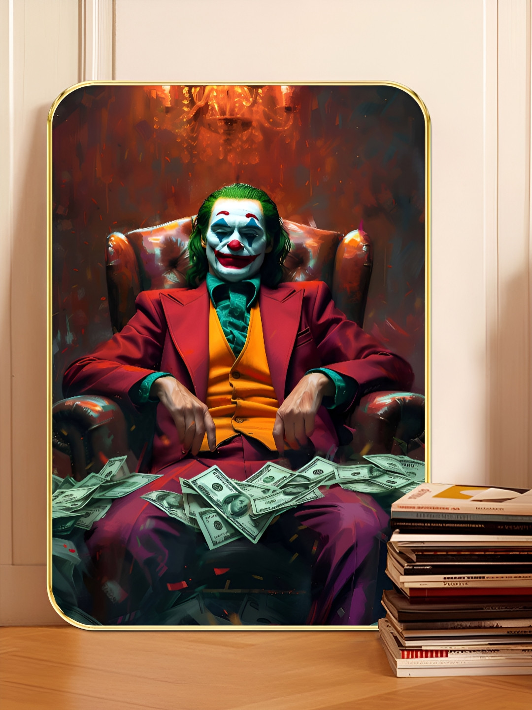Livin'luxe Brown & Green Printed Joker Sitting On Throne Wooden Wall Art
