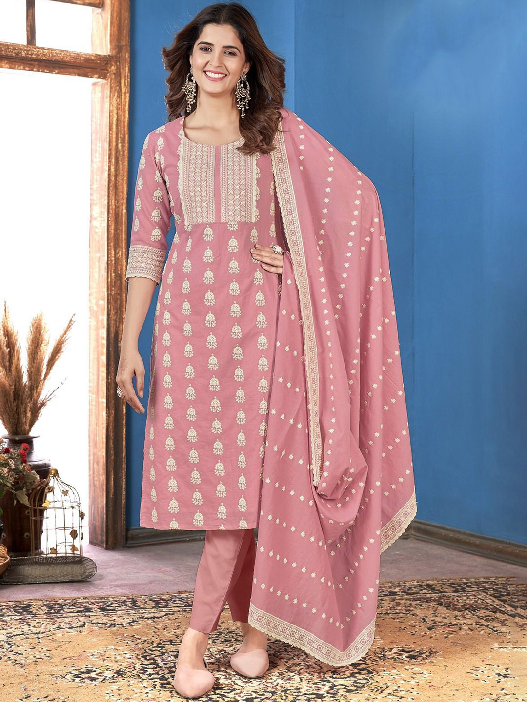 SHILL INTERNATIONAL Floral Embroidered Thread Work Straight Kurta With Trousers & Dupatta