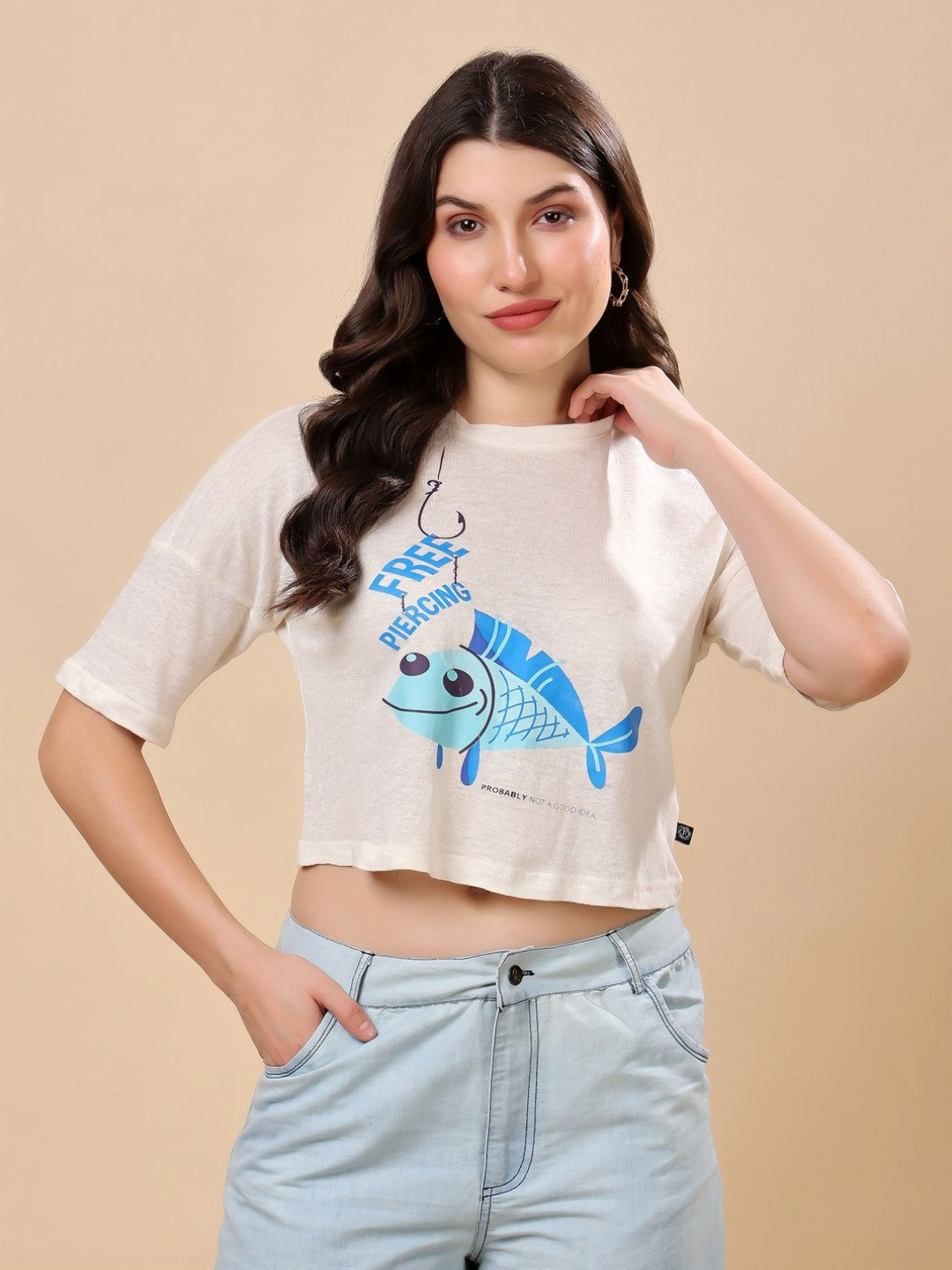 RANGRIWAZ Graphic Printed Round Neck Drop Shoulder Sleeves Linen Crop T-shirt