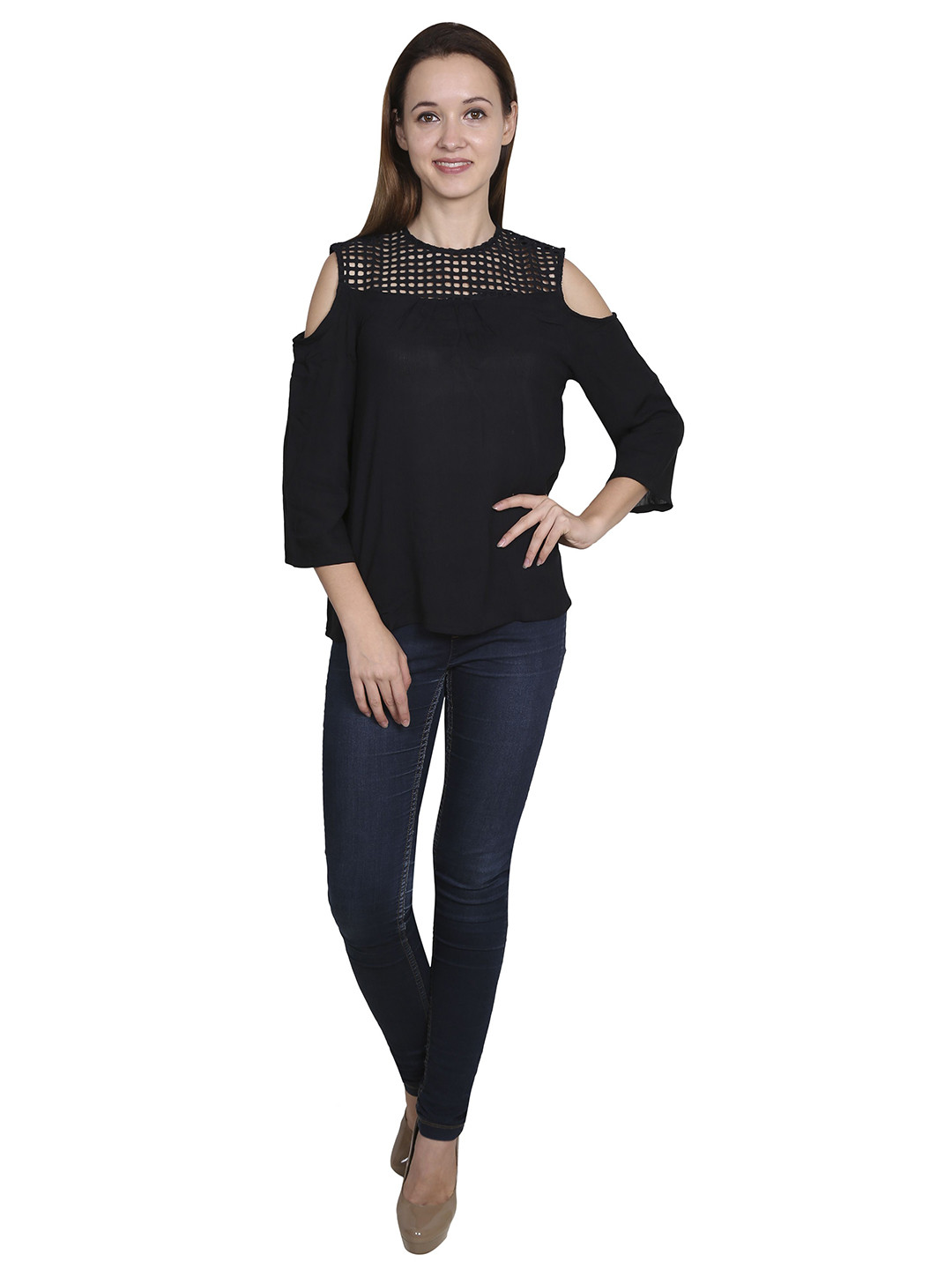 Moda Rapido Women Lace Inserts Cold-Shoulder Cotton Top