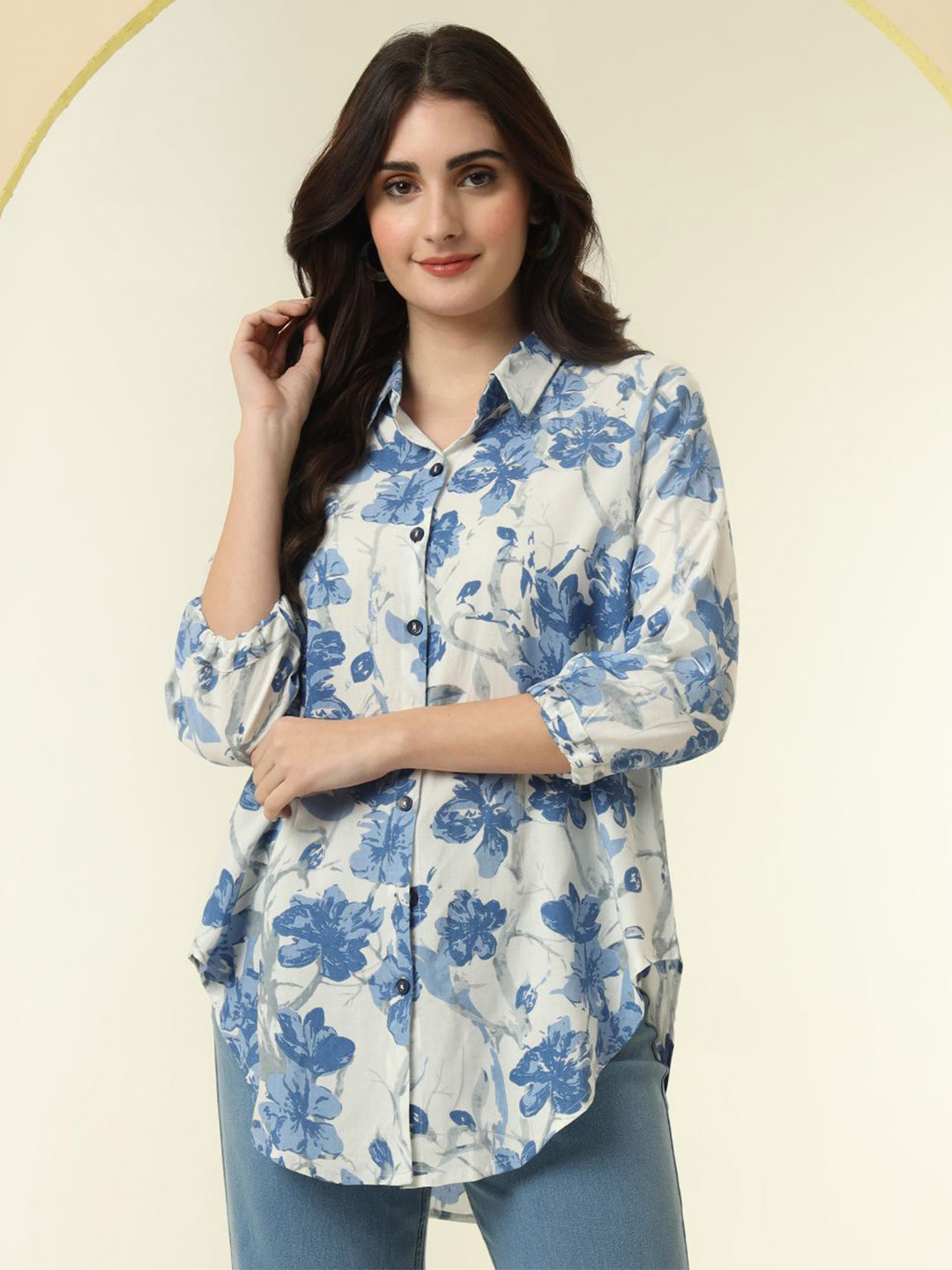 KALINI Oversized Floral Printed Spread Collar Puff Sleeves Shirt