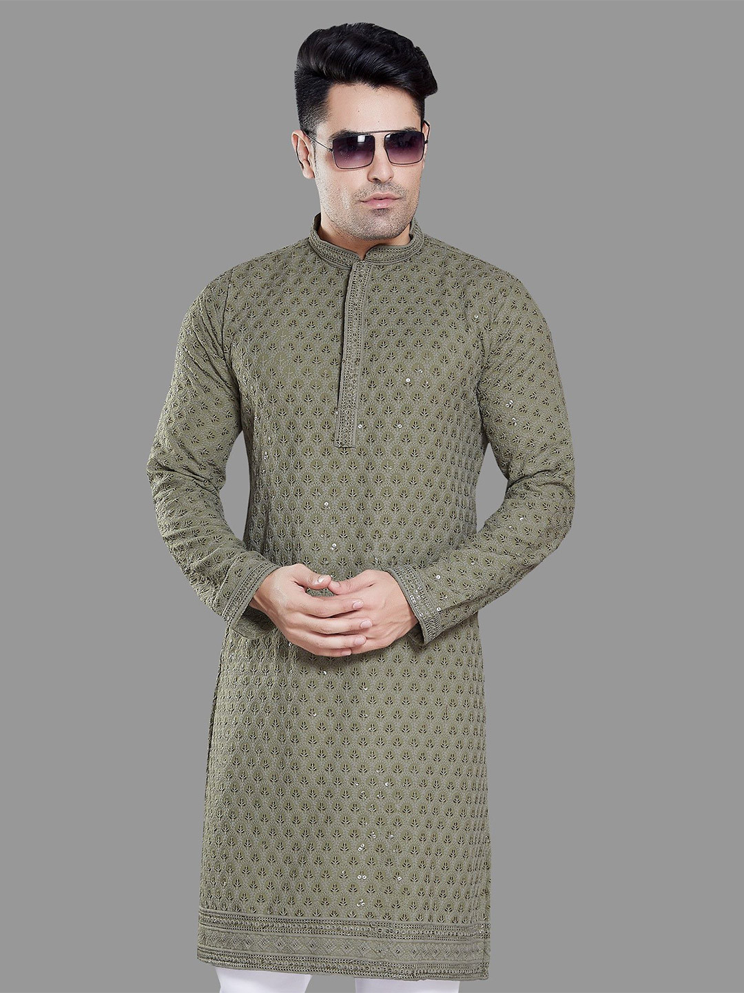PulseIQ Men Embroidered Chikankari Kurta