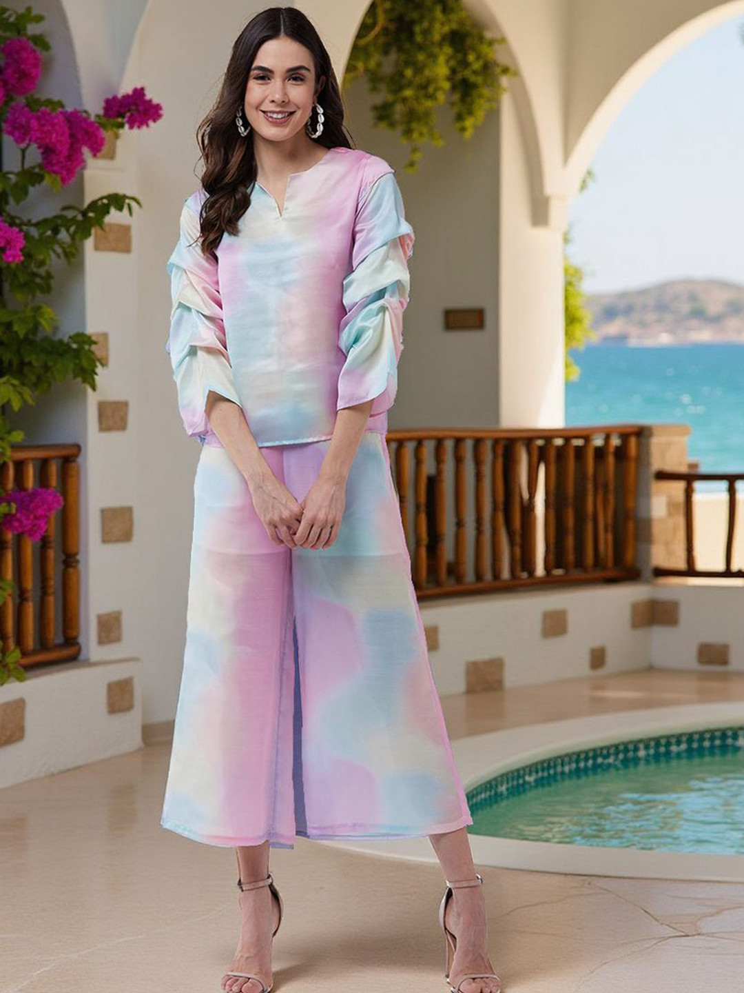 Zima Leto Digital Printed Pleated Sleeves Top With Trousers Co-Ords