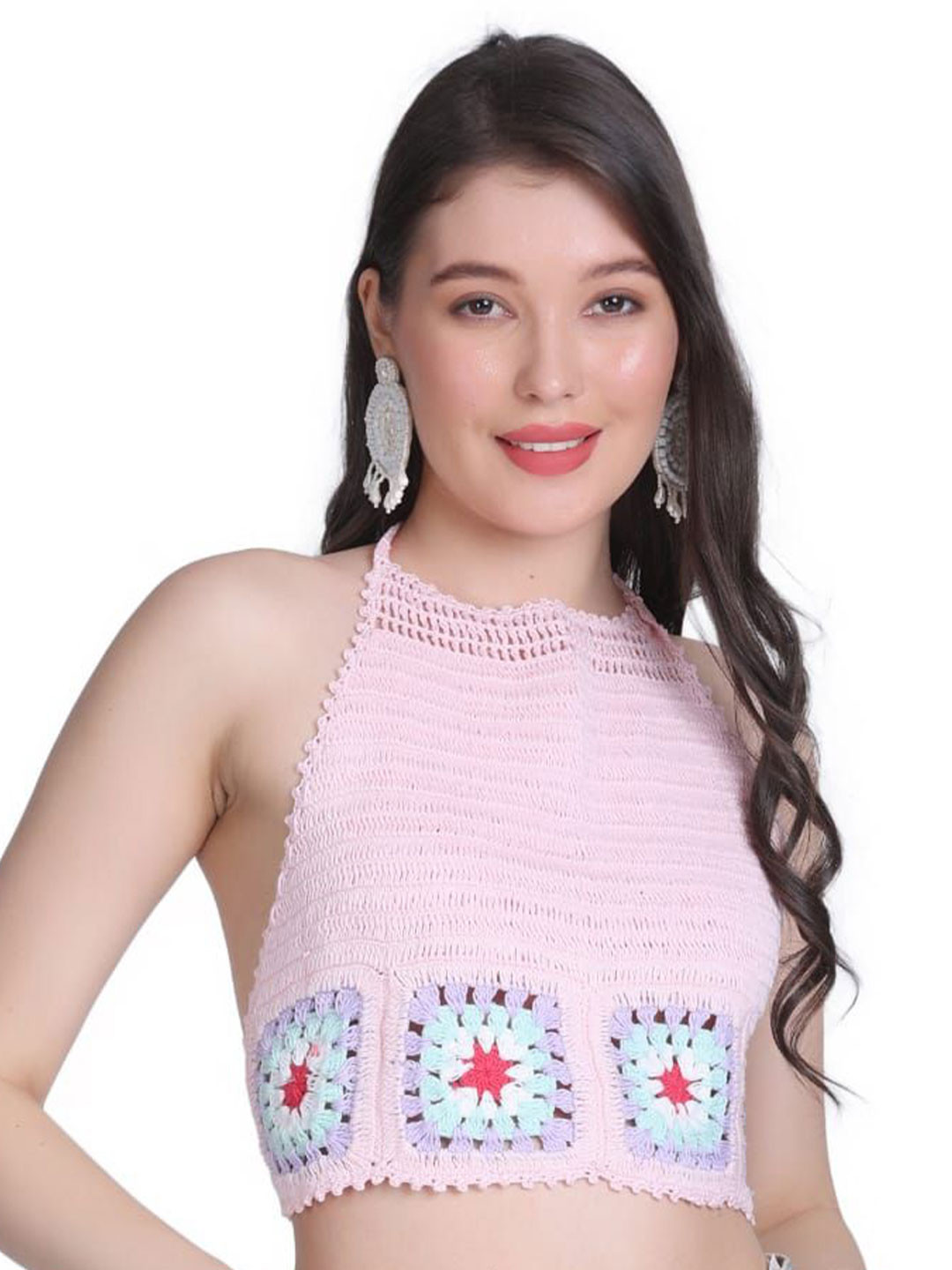 NYCRA Pink Crochet Halter Neck Crop Top