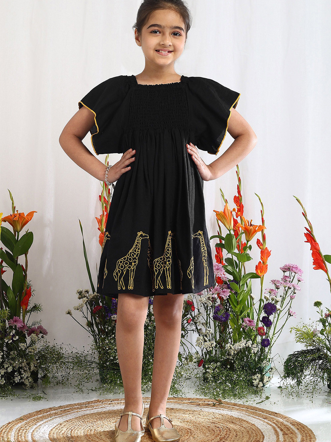 The Tribe Girls Animal Embroidered Flutter Sleeve Linen Fit & Flare Dress