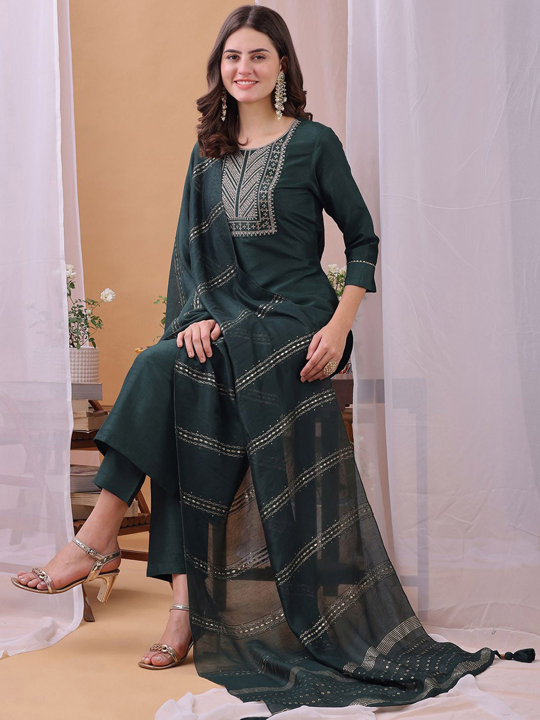 KALINI Yoke Design Sequinned Kurta With Trousers And Dupatta