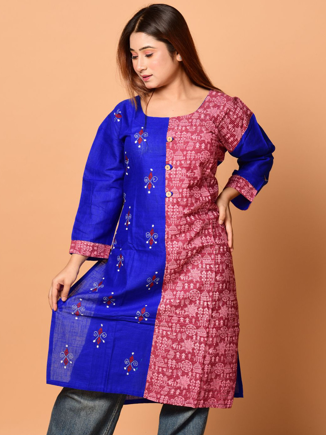 Laa Calcutta Ethnic Motifs Printed Pure Cotton Kanta Work Straight Kurta