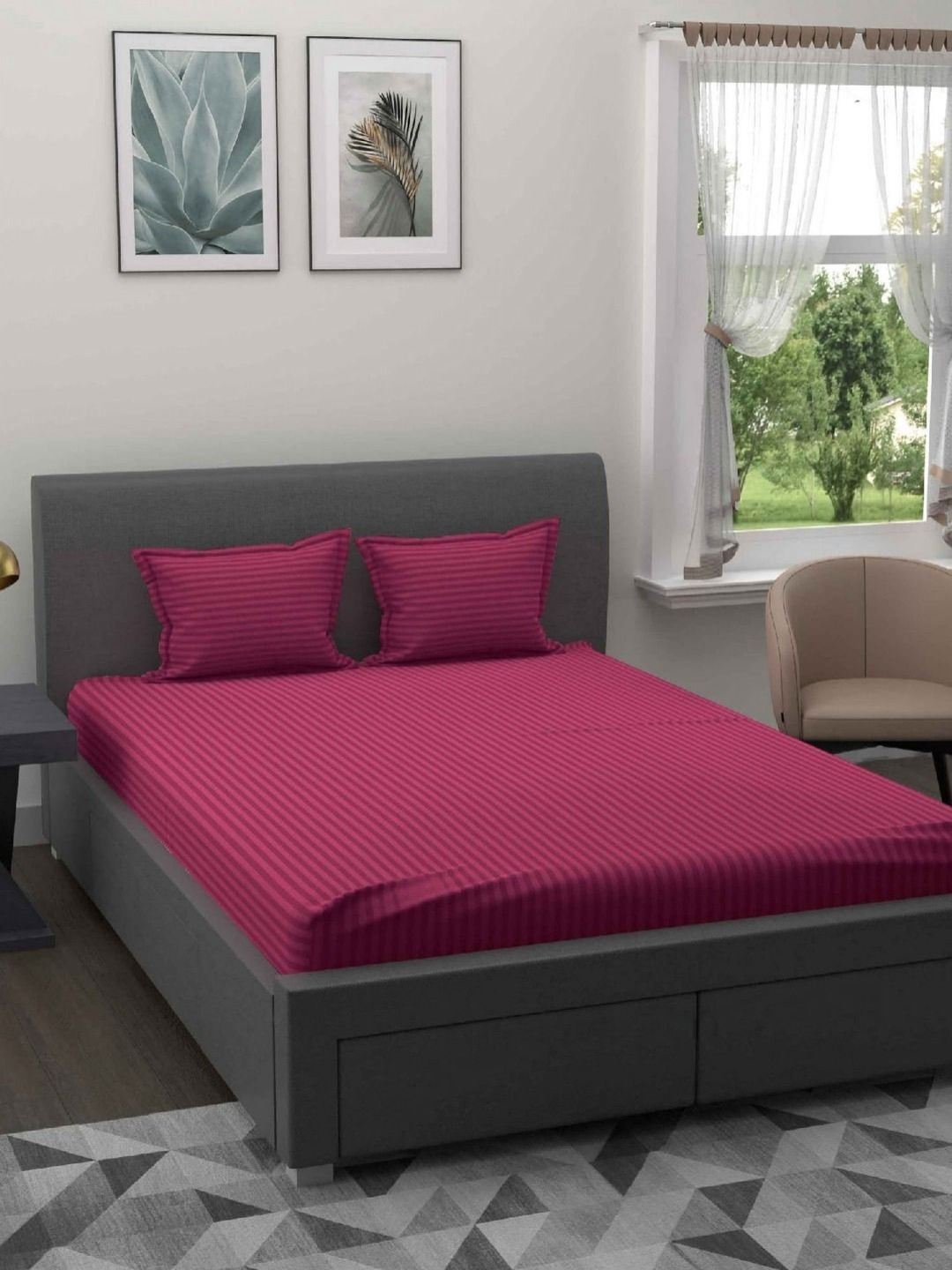 Aura Rust Striped Cotton 180 TC King Bedsheet Set 2.70 m x 2.25 m