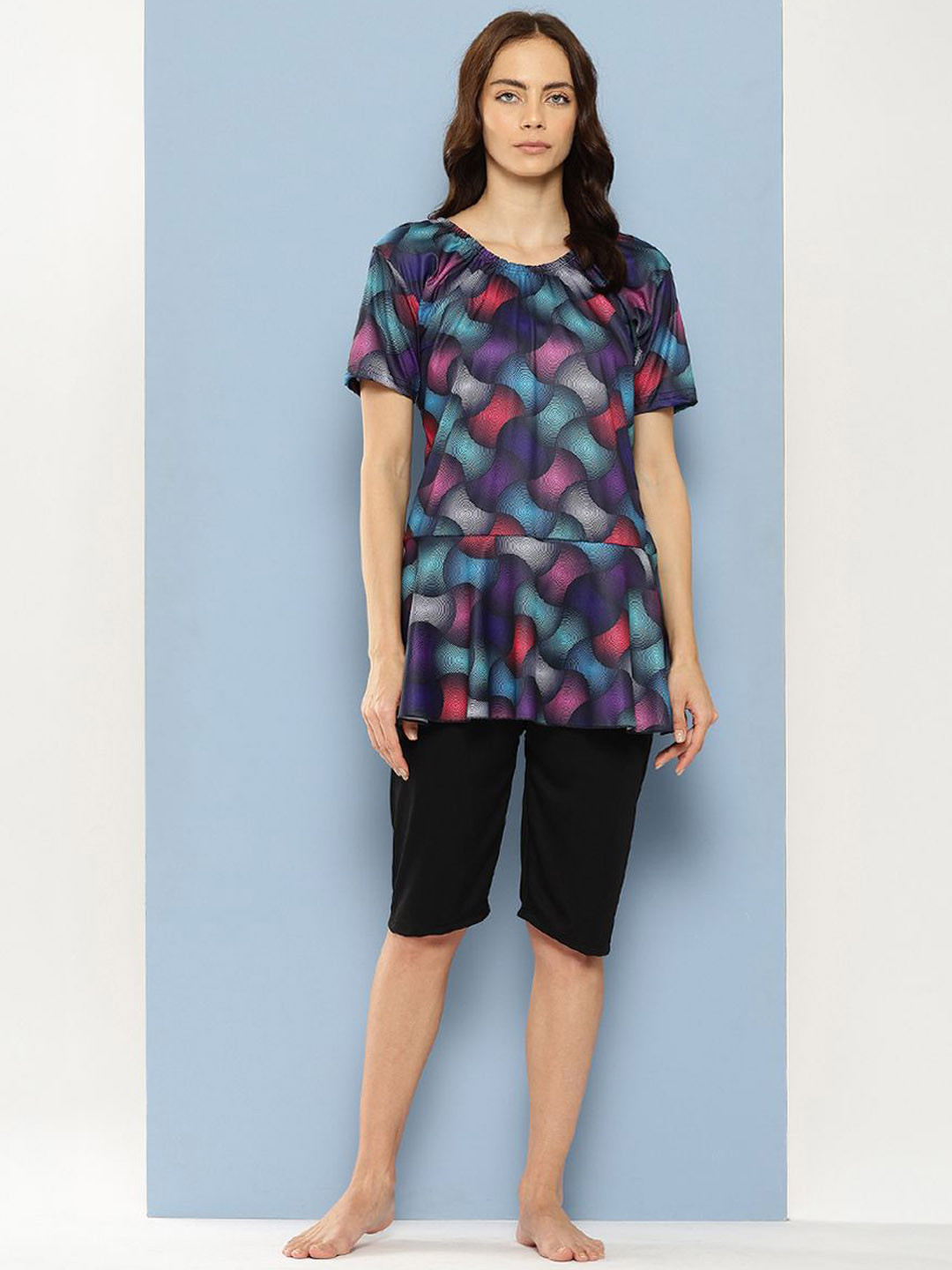 Aarika Abstract Printed Plus Size Swim Suit With Swim Cap