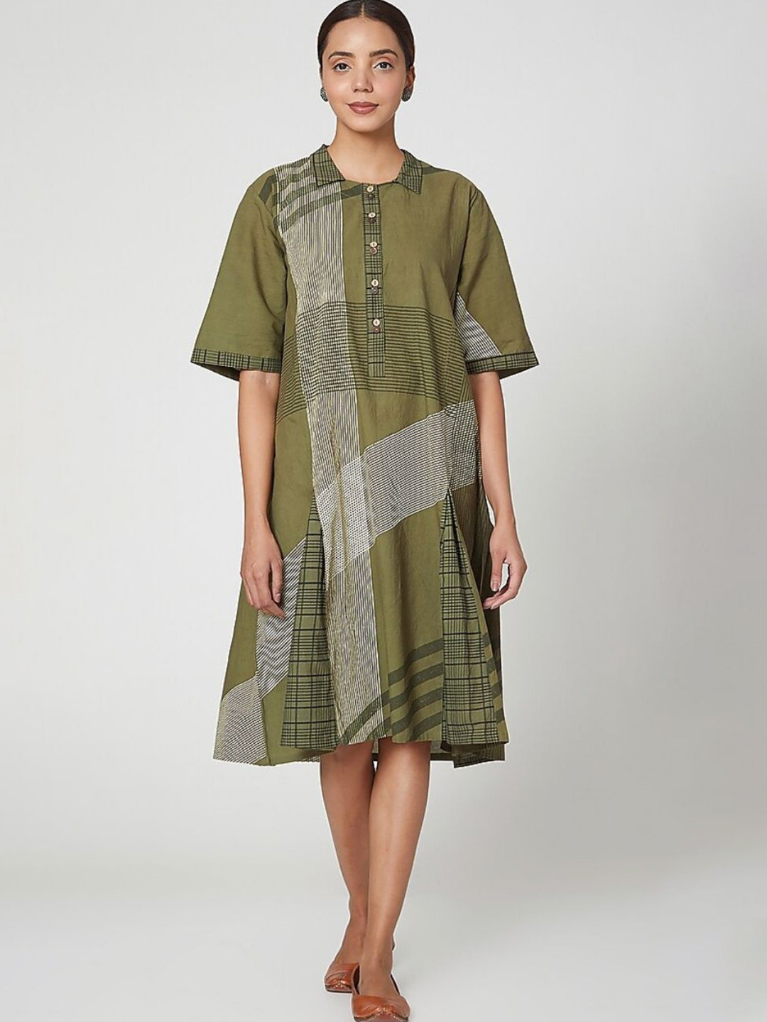 Banana Labs Self Design Embroidered Layered Shirt Collar A-Line Cotton Dress