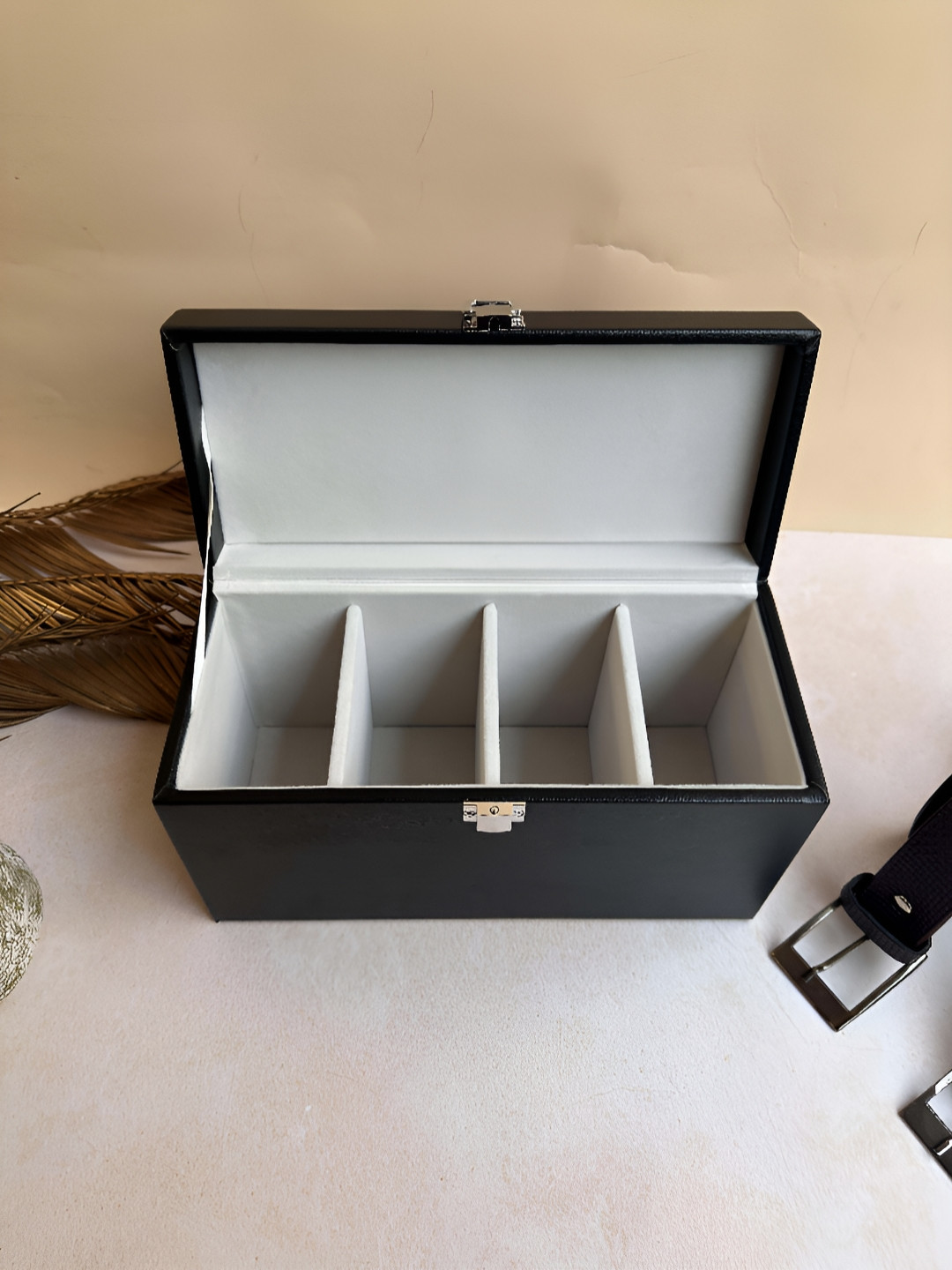 La Trove Men 4 Slot Black PVC Belt Organizer Box for Wardrobe Closet