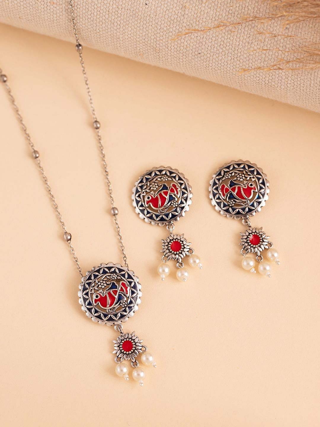 Voylla Madhubani Pakhi Phool Oxidised Enamel Pendant Set