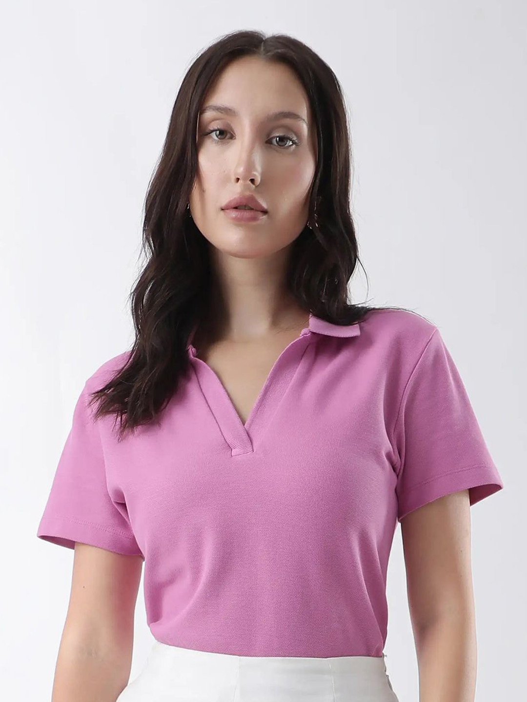 RAREISM Vano Women Cotton Primary Pink Polo Collar T-shirt