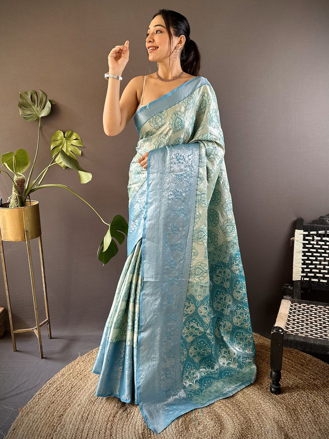 LeeliPeeri Designer Women Kanjeevaram Tissue Silk Saree And Contrast Blouse Piece