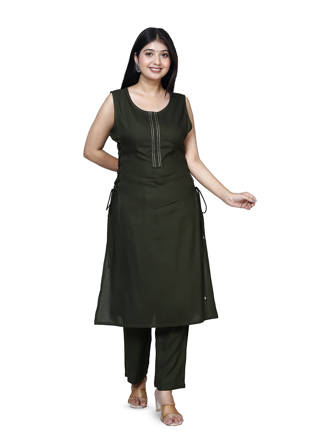 SAKURA Women Solid Round Neck Kurta with Trousers With Side Drawstrings