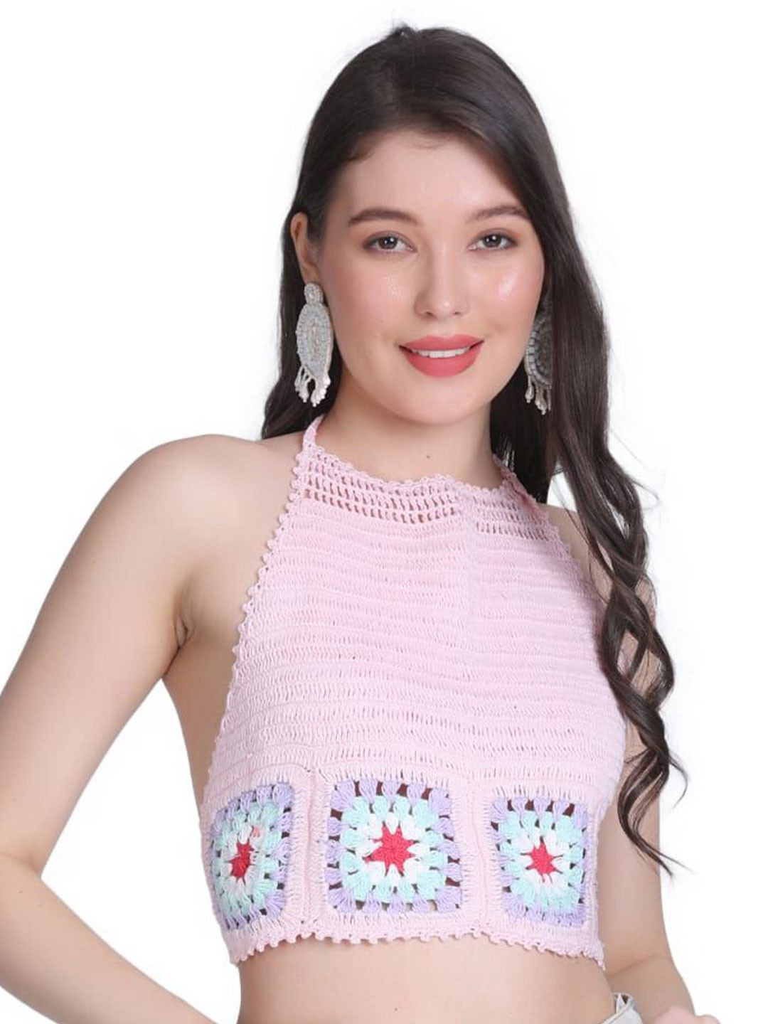 NYCRA Women Pink Crochet Halter Neck Crop Top