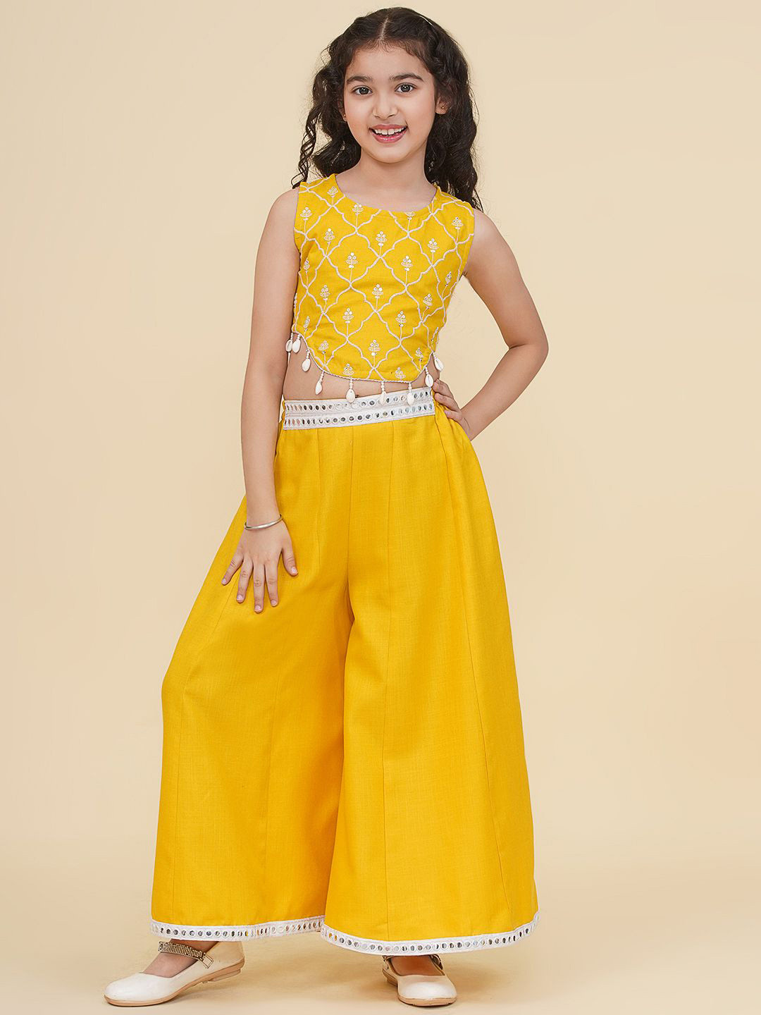 Bitiya by Bhama Floral Embellished Round Neck Crop Top With Palazzos