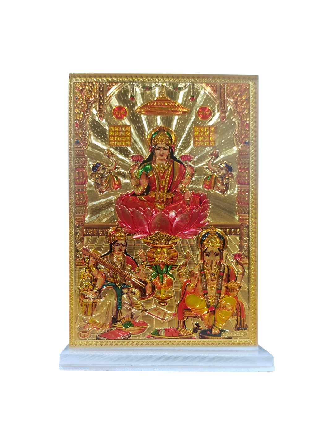 Adhvik Lord Laxmi Ganesh Saraswati Gold Acrylic Glossy Prayer Room Tiny Showpiece - 3.5 Inches