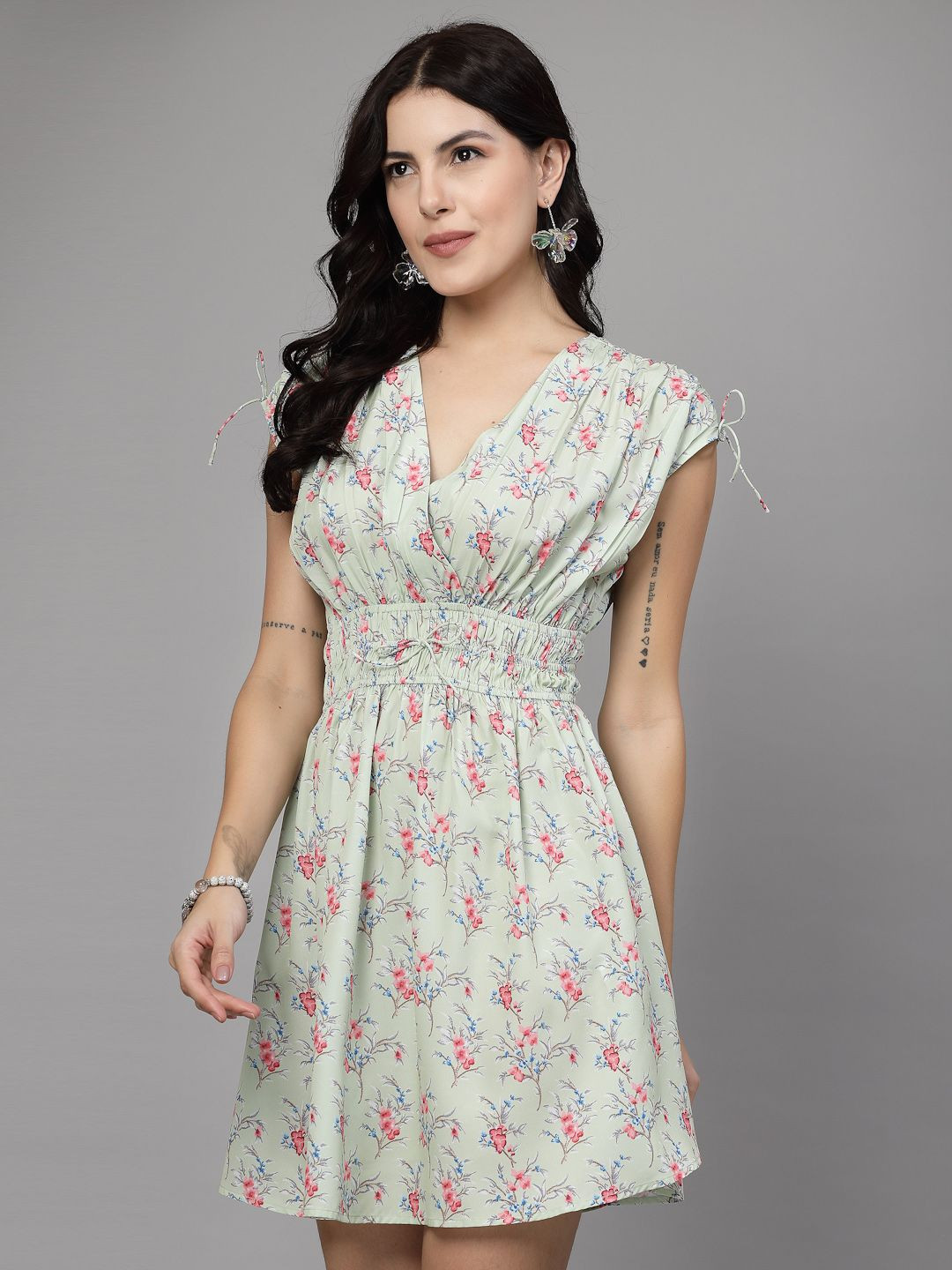 JEFF COOPER Women Floral Print V-Neck Crepe Mini Dress